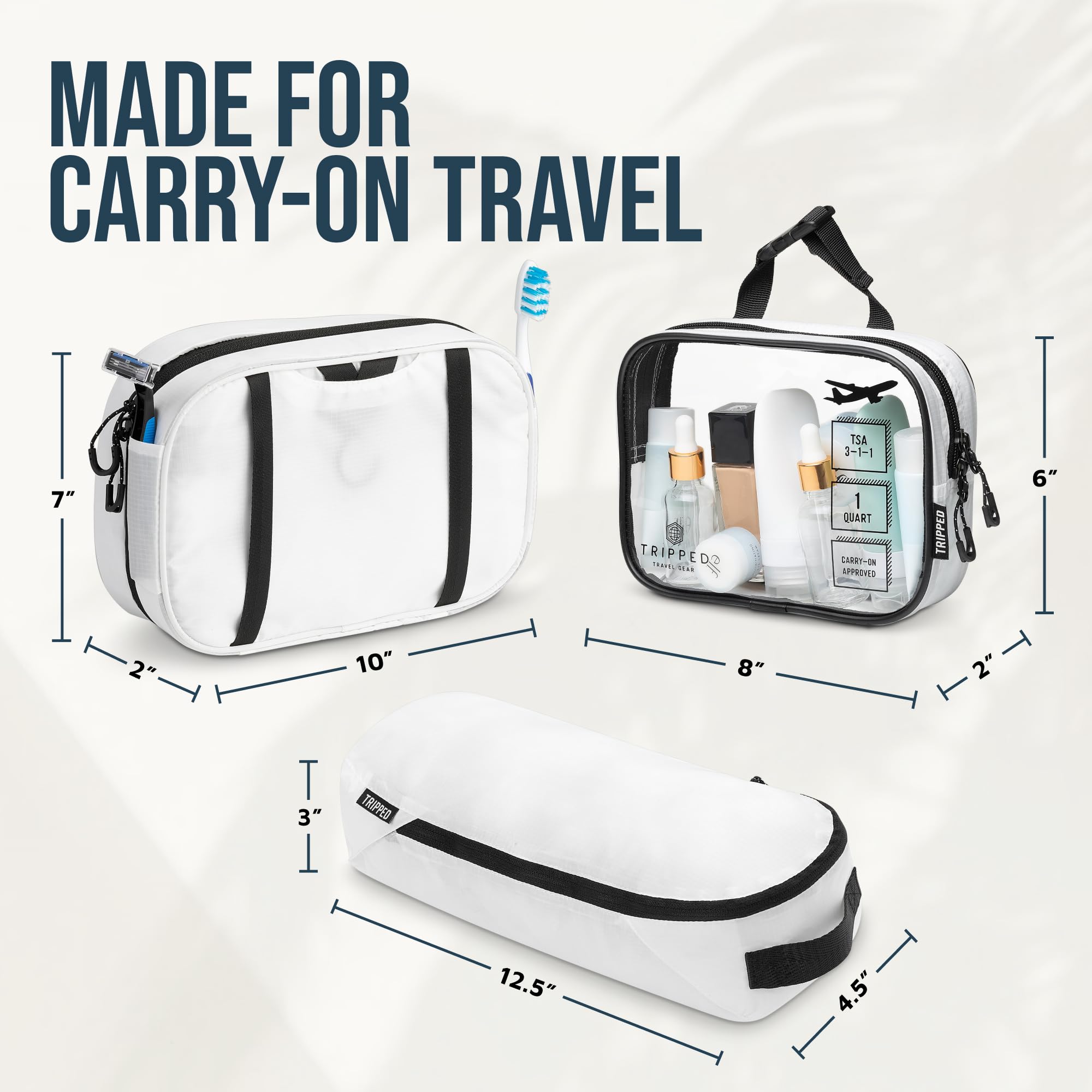 Zestaw kosmetyków: wisząca podróżna kosmetyczka + 311 TSA kosmetyczka na płyny + ultralekka torba na akcesoria organizer, Biały Ripstop, Carry-On Quart Size, 3-częściowy zestaw kosmetyków