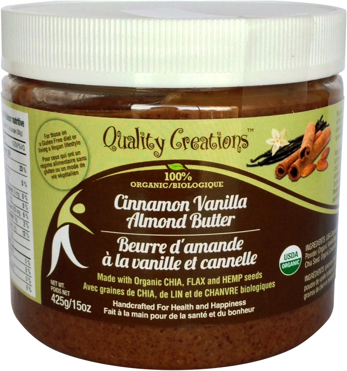 Almond Butter 100% Organic. Keto - 7 grams of Protein. Low Sugar. Enhanced with Chia, Flax and Hemp. Flavored with Cinnamon Vanilla. Very Spreadable and So Creamy. Fresh Made Small Batches 425g/15oz.