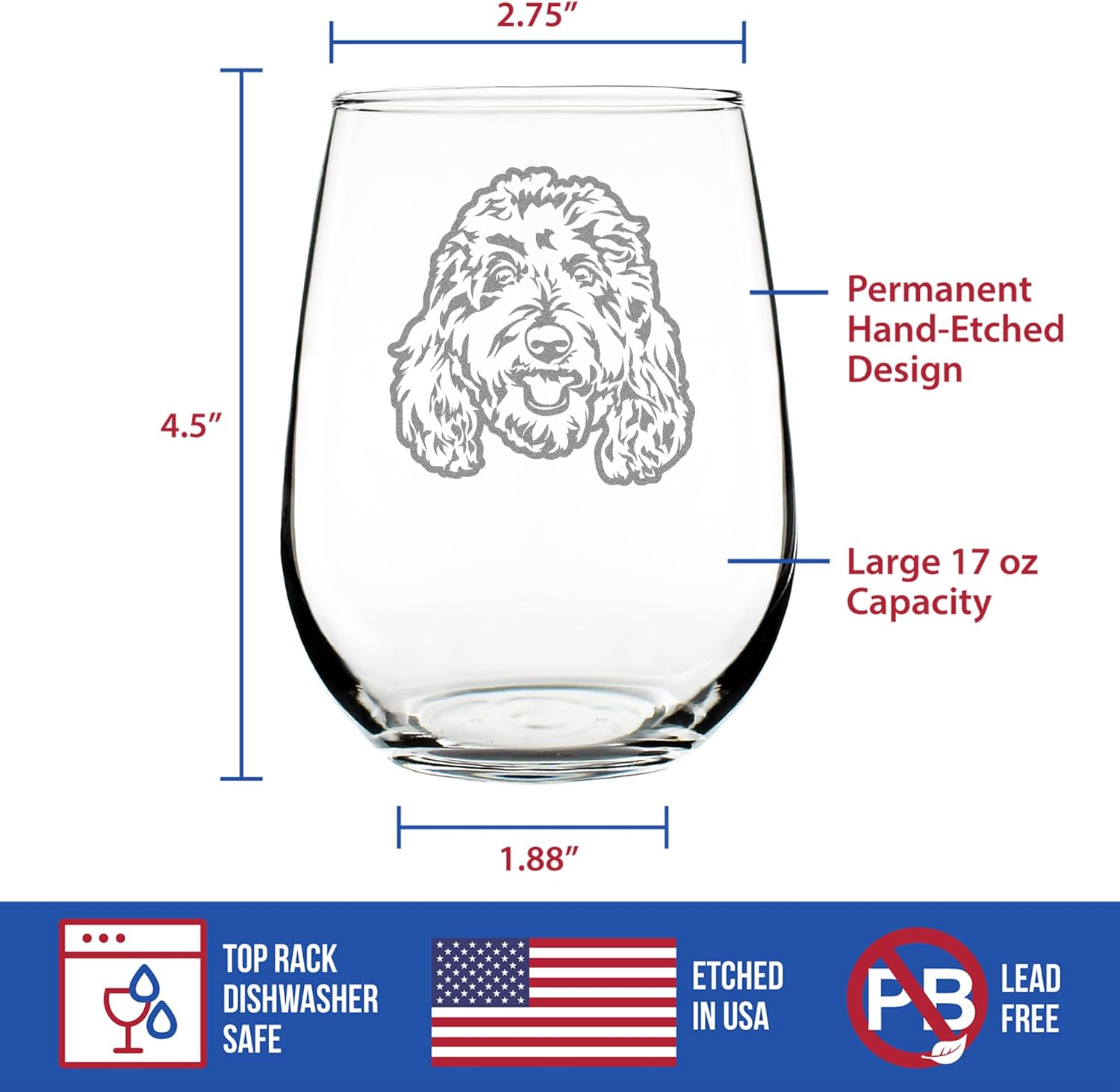 Custom Golden Doodle Face - Stemless Wine Glass - Goldendoodle Gifts for Women & Men - Large 17 Ounce Glasses - Customized Glasses