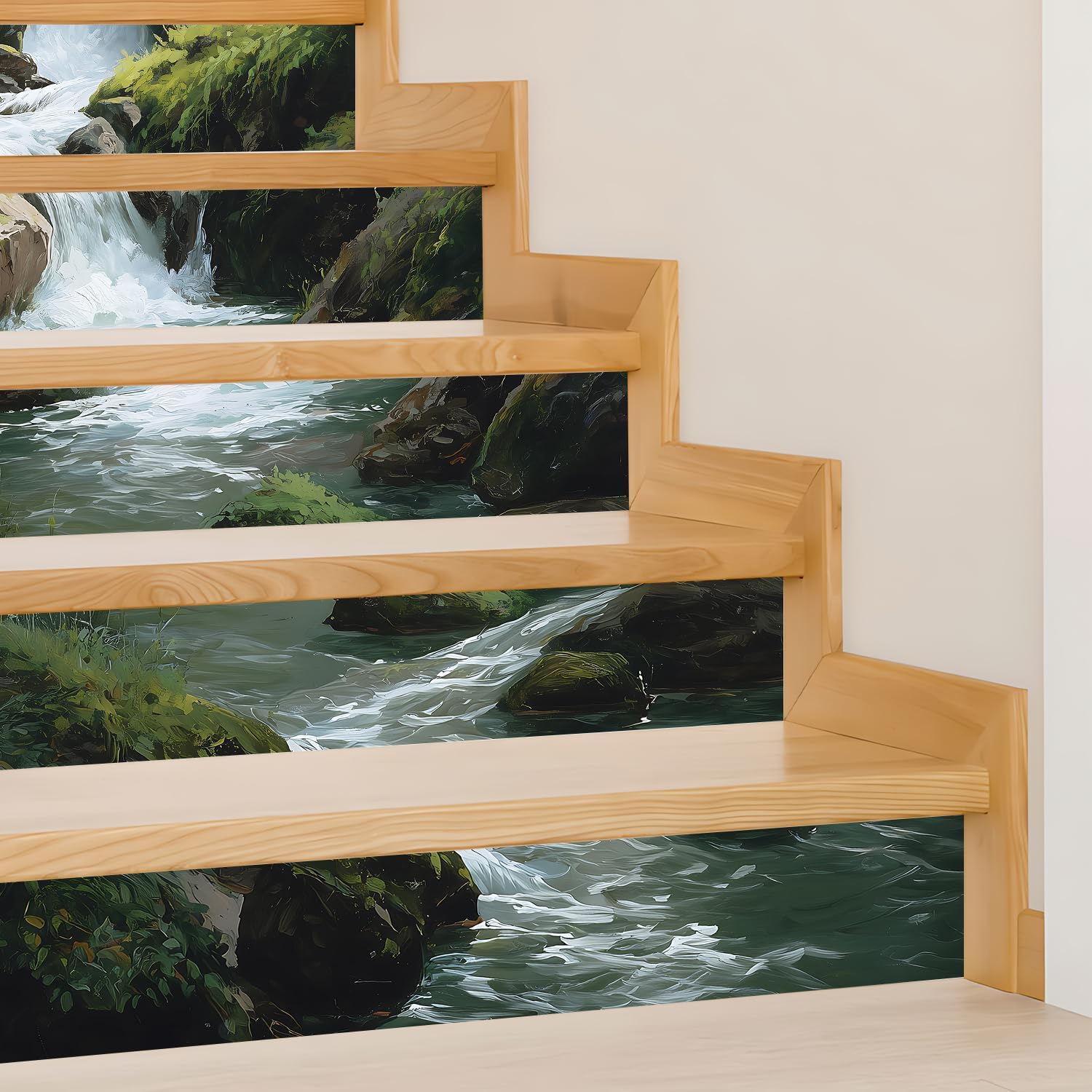 ANNA QUEEN 14 PCS Peel and Stick Stair Stickers – 39x7 Inch, Nature-Inspired Waterfall Design for Stairs & Walls