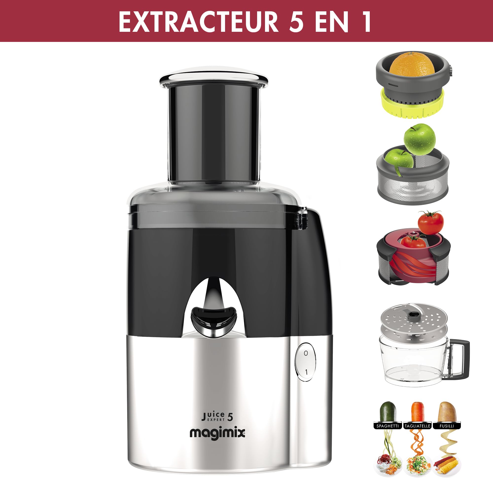 Magimix Extracteur de Jus Multifonction 5-en-1 - Juice Expert 5 – Presse-Agrumes, Extracteur à Froid, Coupe-Légumes & Spiraliseur, Ultra-Silencieux, Fabriqué en France, Noir