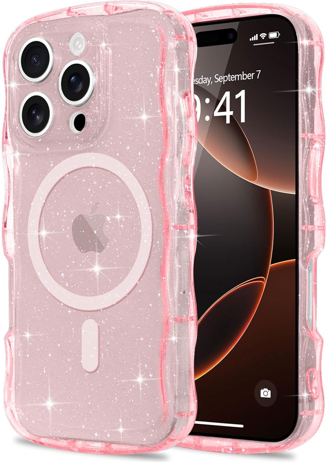 Pepmune Magnetic for iPhone 16 Pro Max Case Clear, Sparkly Bling Glitter Cute Curly Wave Cover for Women Men Compatible with MagSafe TPU Shockproof Protective Phone Case for iPhone 16 Pro Max, Pink