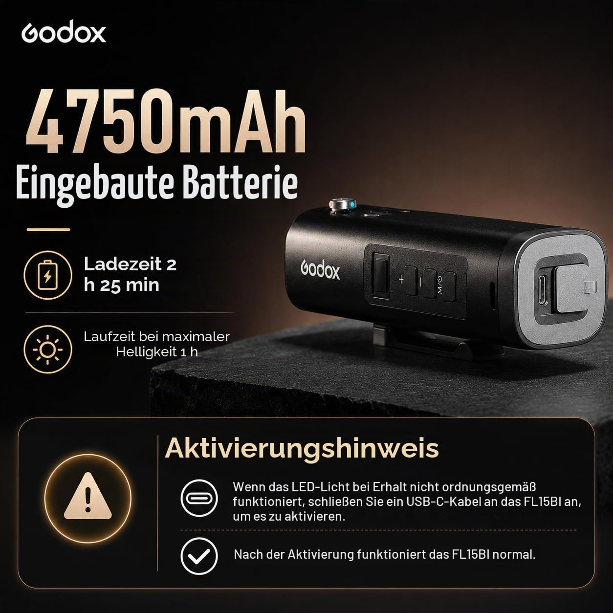 Godox FL15Bi Handheld Bi-Color LED-Videoleuchte, 2800K-6500K, 25600 Lux @0.5m, CRI 97 TLCI 98, 4750mAh USB-C wiederaufladbar, 11 FX, App-Steuerung, IP54, für Video Portrait Content Creation