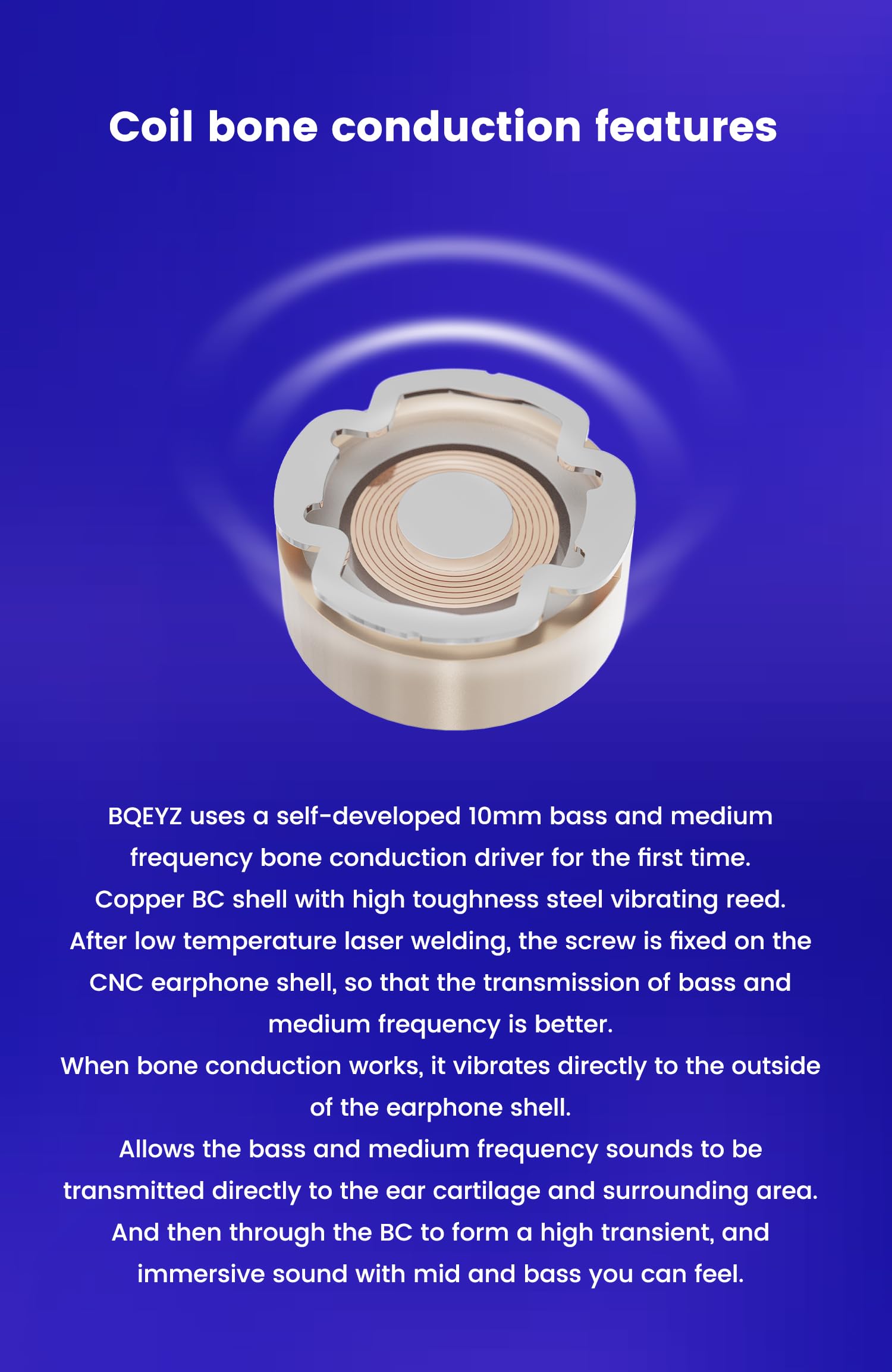BQEYZ Auricolari in-ear ibridi a conduzione ossea con bobina eolica e monitor in-ear da 10 mmDD, bassi profondi, con cavo, per musicisti e audiofili (blu, 4,4 mm)