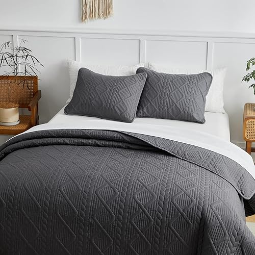 Miniatura 1 de Juego de edredón de verano de 3 piezas, color gris, tamaño matrimonialqueen, estilo bohemio con textura de jacquard en relieve, suave microfibra