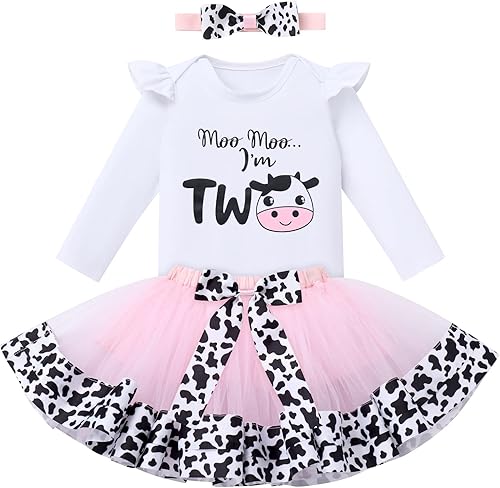 IBTOM CASTLE Conjunto de ropa de fiesta de pastel para niñas de 1er cumpleaños, vacas de granja, princesa, falda tutú, diadema, accesorios