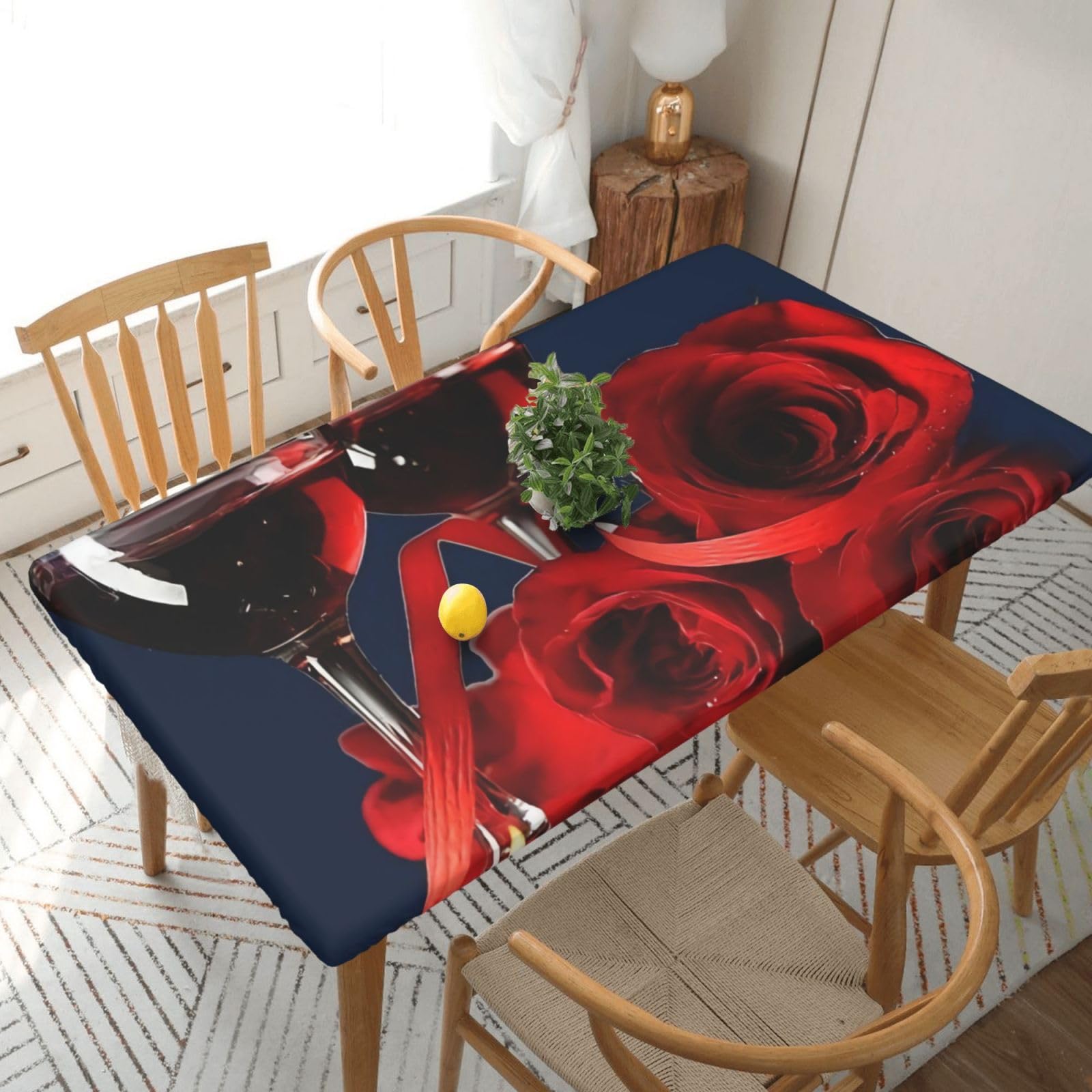 BNVSADC Red Wine Rose and Candle Printed 5FT Tablecloth Polyester Kitchen Water Resistant Table Cloth Dining Table Decoration Table Covers, 152x76 CM