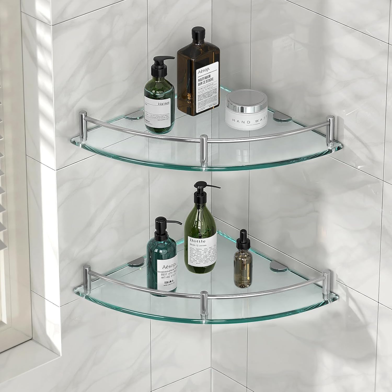 Modern Glass Corner Shower Shelves, 2-Pack Tempered Glass Bathroom ...