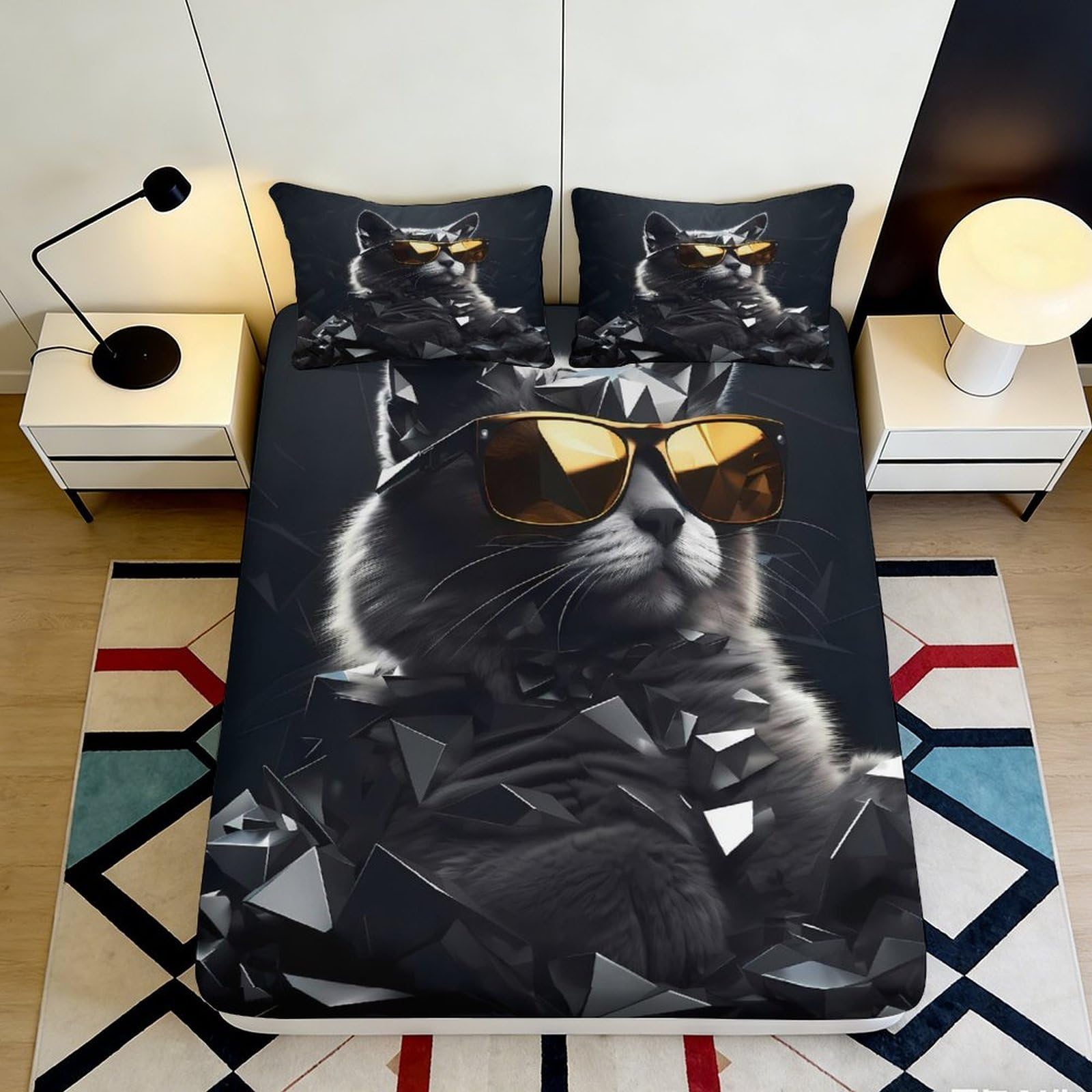 3D Printed Cool Cat Sunglasses Fitted Sheet Microfiber Soft Black Stylish Bed Cover for Bedroom Guestroom Decor 90x200x25cm