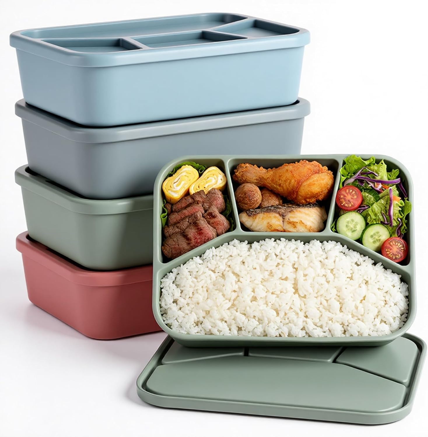 4 Pcs Silicone Bento Box Reusable Lunch Container, 4 Compartment, Food Grade Smooth Leak Proof Lunch Box Rectangle Bento Boxes, Microwave and Dishwasher Safe, for Adult Work Travel Food Storage