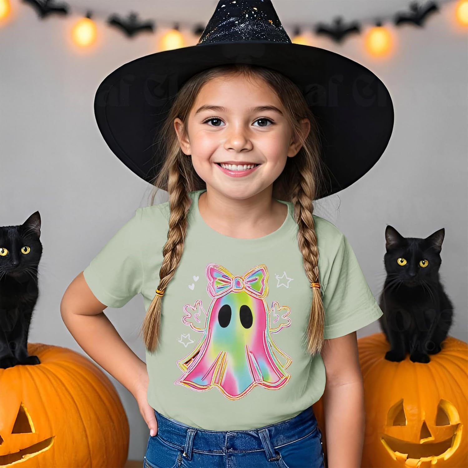 BOUTIKOME Toddler Girl Halloween T-Shirt Colorful Bow Ghost Graphic Shirts Kid Short Sleeve Tees Spooky Season Outfits Tops - Image 2