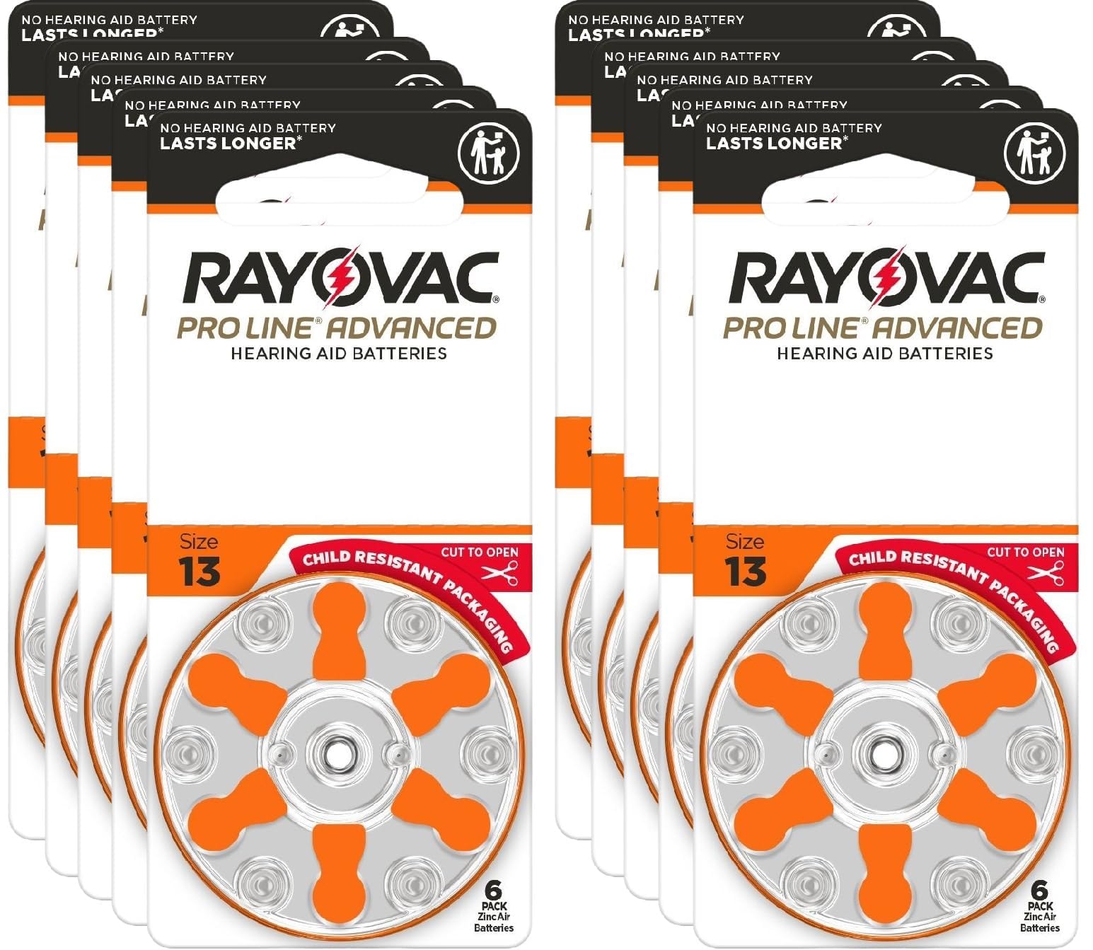 Rayovac Proline Advanced Lot de 60 piles pour appareils auditifs | Taille 13 | Batterie la plus longue durée au monde | Emballage résistant aux enfants