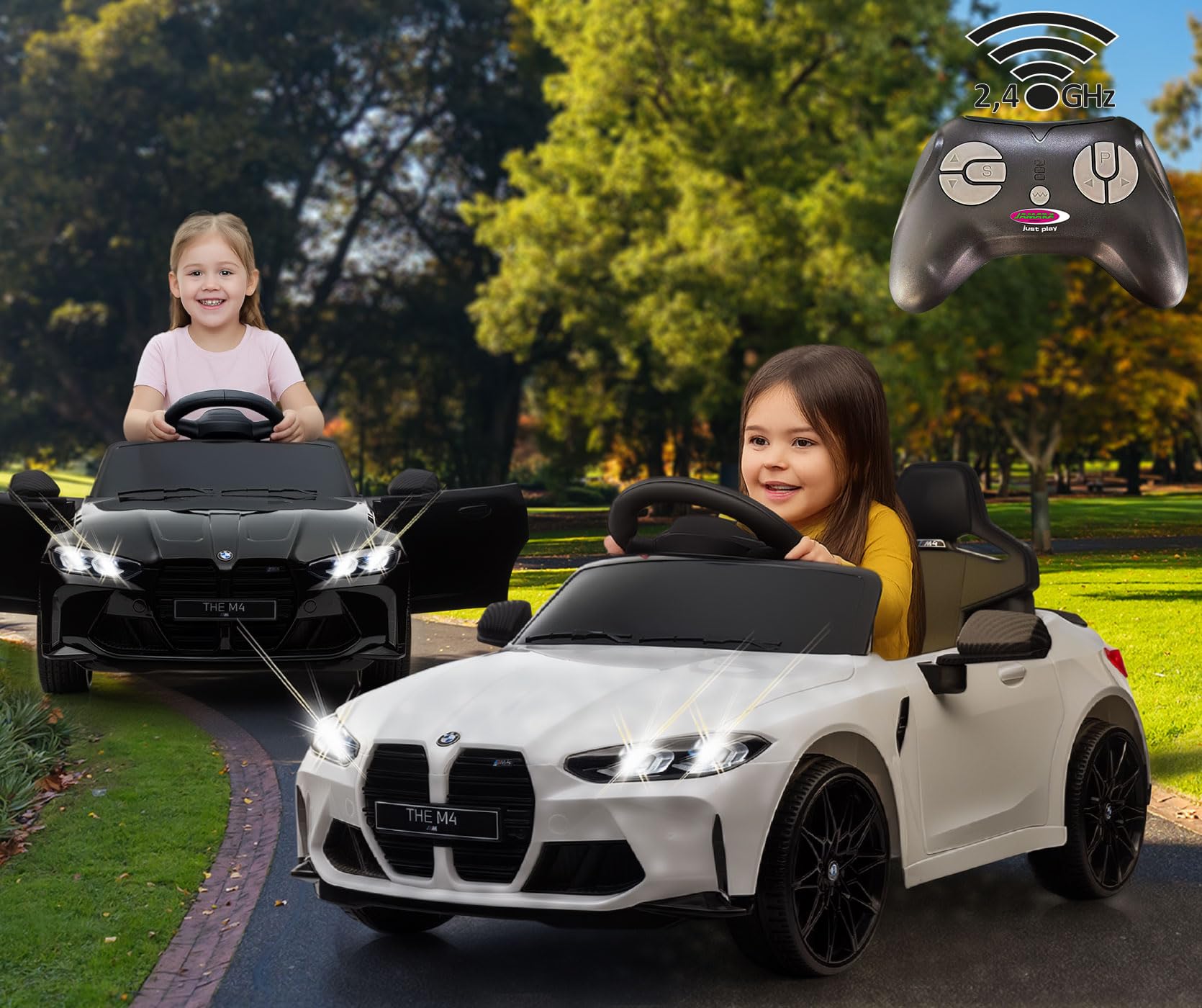 JAMARA 461865 Ride-on BMW M4 2,4 GHz Li-Power 12,6, samochód elektryczny dla dzieci od 3 lat, elektryczny fotel, pomysł na prezent, oświetlenie, uchwyt do noszenia, 2 biegi, klakson