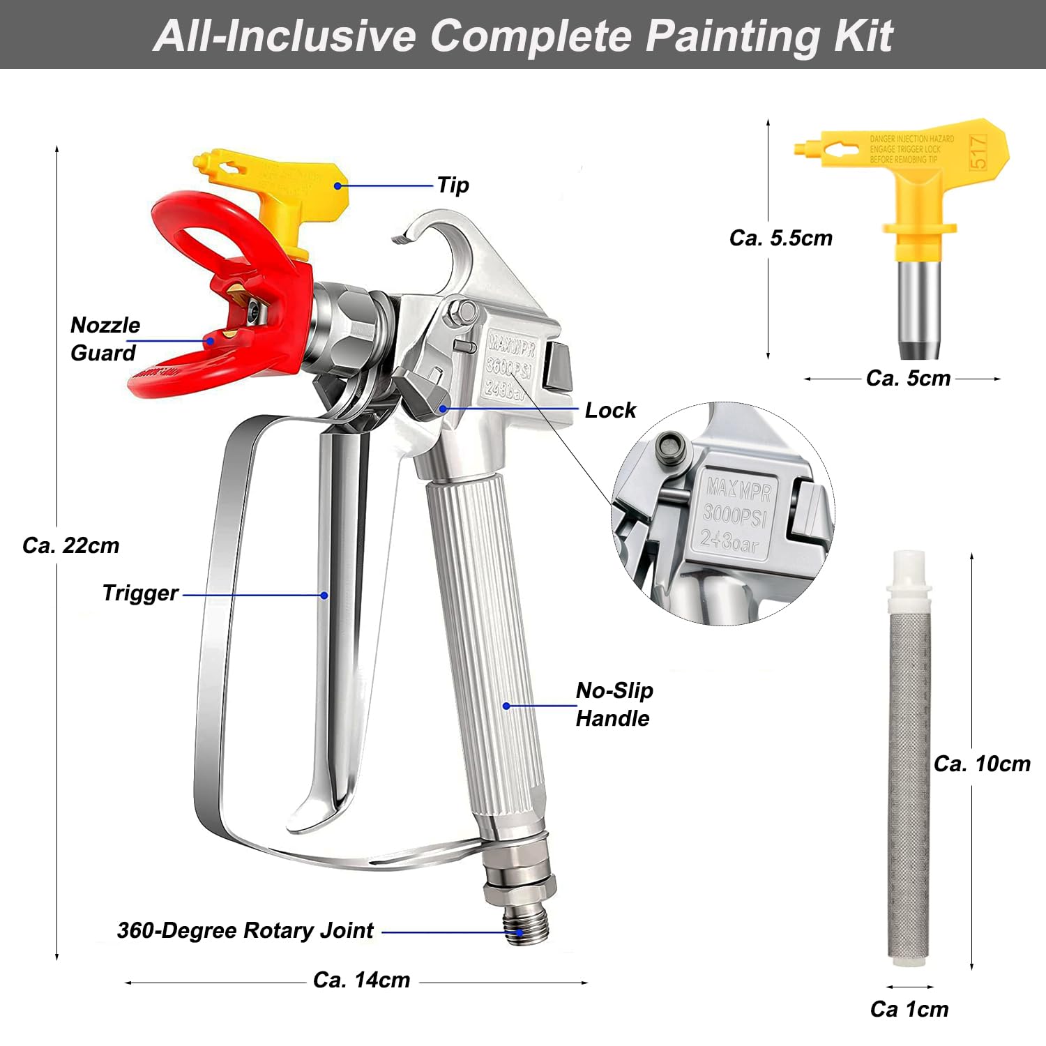 Kit de Pistolet a Peinture Airless Haute Pression 3600 PSI Airless Pistolet de Peinture 215/315/417/517/623 Buse Pulvérisateur et 5 Filtres Joints Rotatifs pour Machines