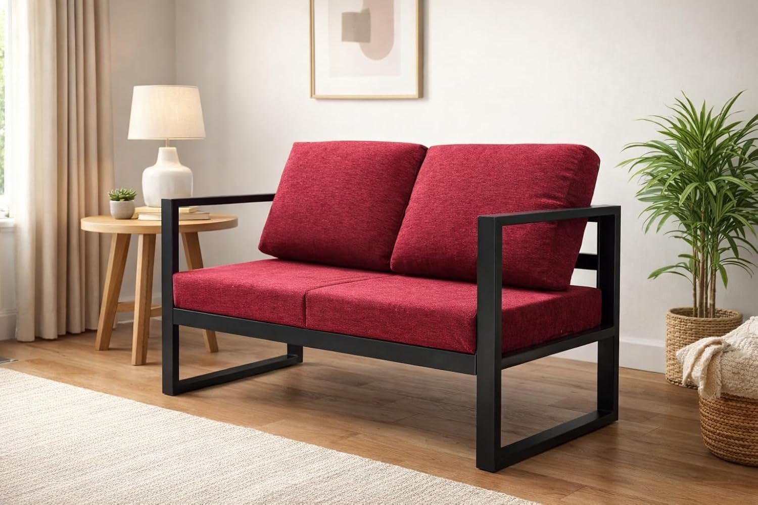 Modern 2-Seater Loveseat with Black Metal Frame, Red Cushions Set Upon a Sturdy Black Metal Geometric Base Frame.-picture-10