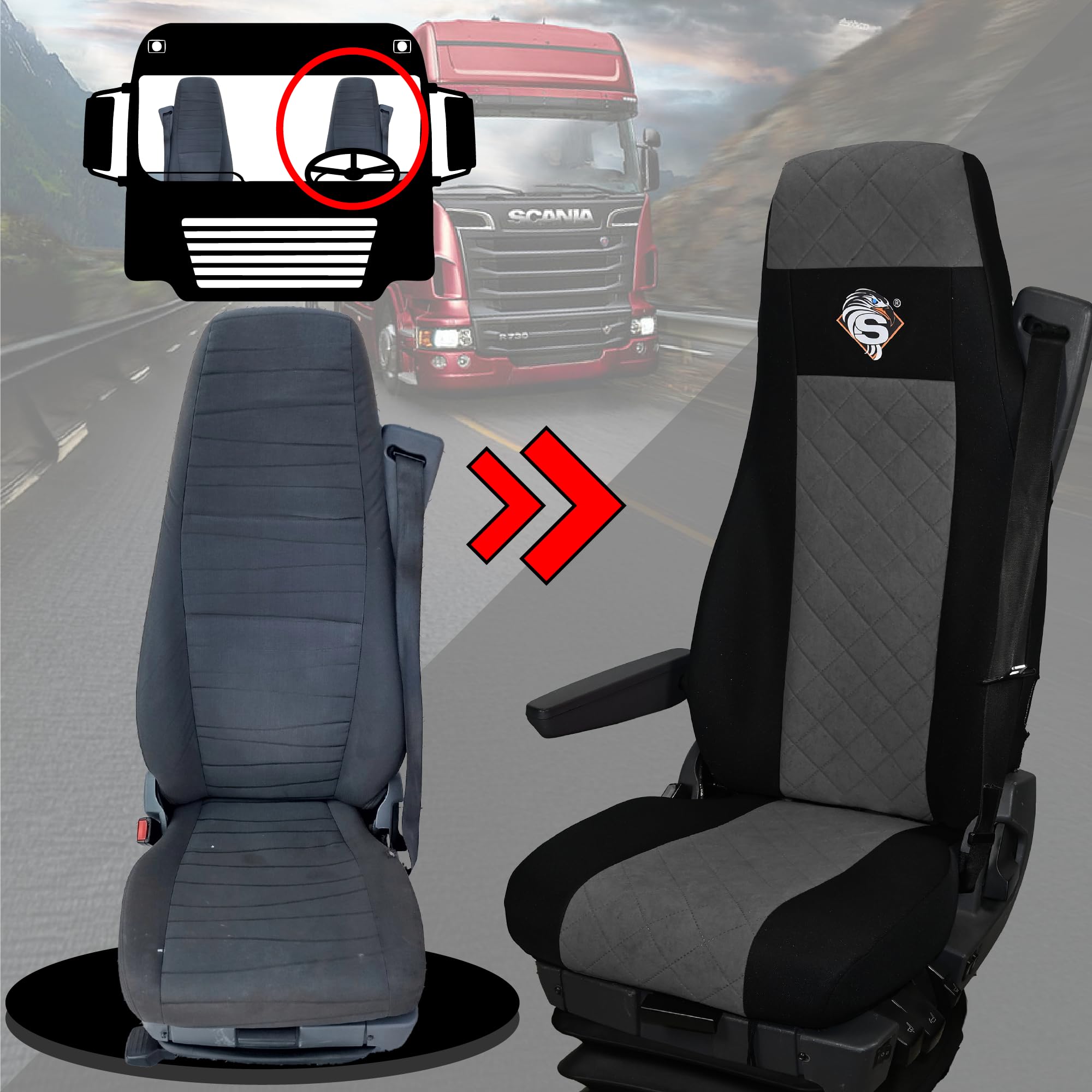 SABA Funda de Asiento para Scania Serie R Desde 2004, 1+1, Asiento del Pasajero, 2 Cinturones de Seguridad, Asiento del Conductor y Pasajero BÁSICO - CONFIGURACIÓN C Gris
