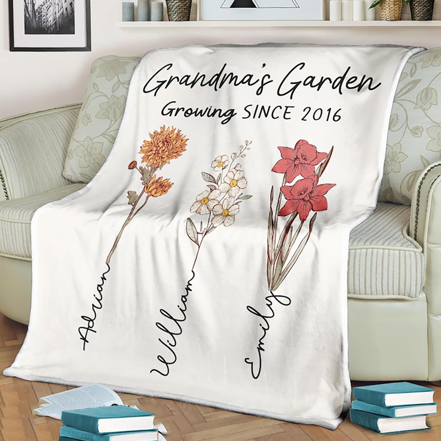 Pofily Custom Grandma Garden Blanket with Grandkids Names, Personalized Birth Flower Blanket Gift