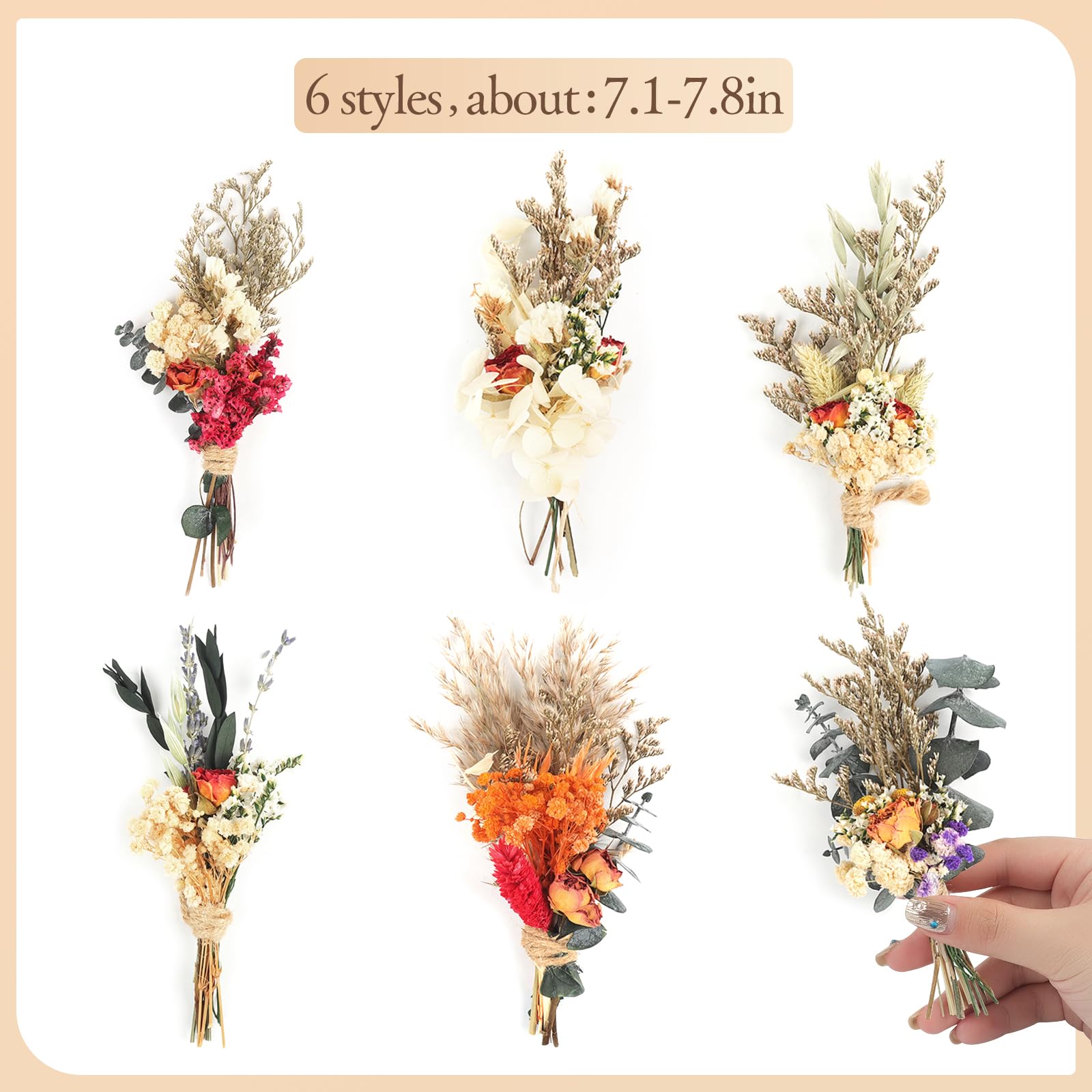 Mini bukiet suszonych kwiatów, w stylu boho, małe bukiety, mini naturalne, prawdziwe rośliny, na stół weselny, pudełko upominkowe, butelka na ciasto, dekoracja, wazon, dekoracje, rękodzieło, 6 szt.,