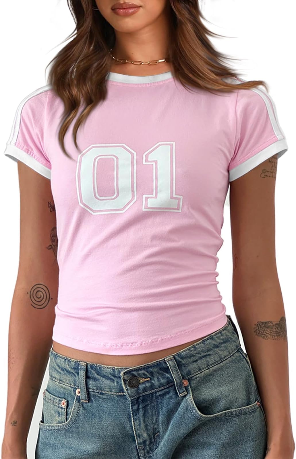 Women's Basic Crop Tops Crew Neck Print Short Sleeve Y2K Vintage Sports T-Shirts Summer Casual Tops Tees