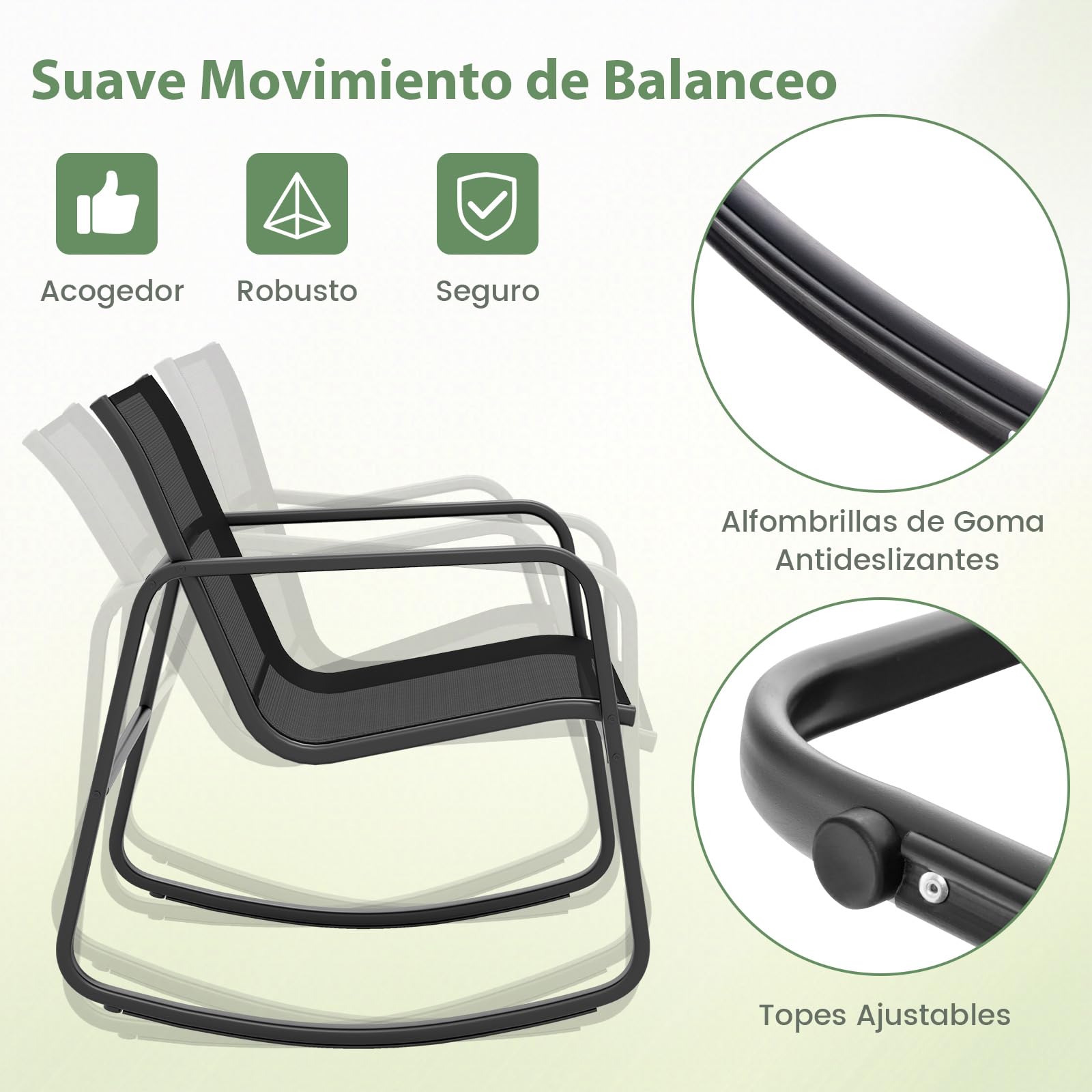 COSTWAY Mesa y Sillas Terraza, 2 Mecedoras de Bistró y 1 Mesa Baja con Tapa de Vidrio, Tela Textilene, Conjunto Jardin Terraza Exterior Balcon, Juego de Mecedora (Negro)