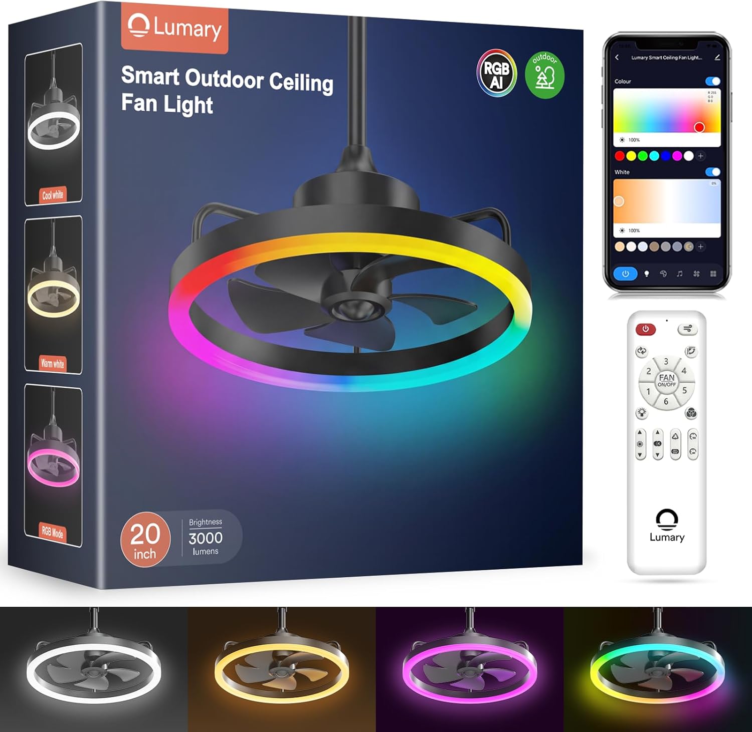 Lumary 20'' Smart Outdoor Ceiling Fans with Lights, Wi-Fi Bluetooth Direct Connect RGBCW Gazebo Fans, 40+ Scenes Mode, Work with Alexa & Google, Plug in Hanging Caged Ceiling Fan with Remote