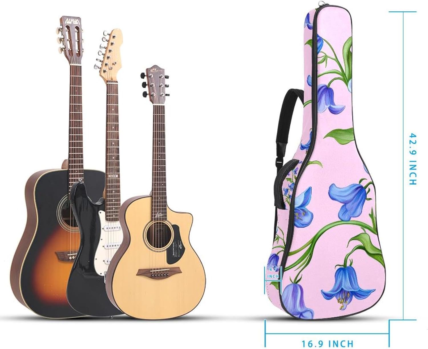 40 41 42 Inch Acoustic Guitar Bag, 0.4 In Thick Sponge Padded Guitar Case Gig Bag with Back Hanger Loop and 2 Pockets, Blue Bluebells Flowers on Pink Background