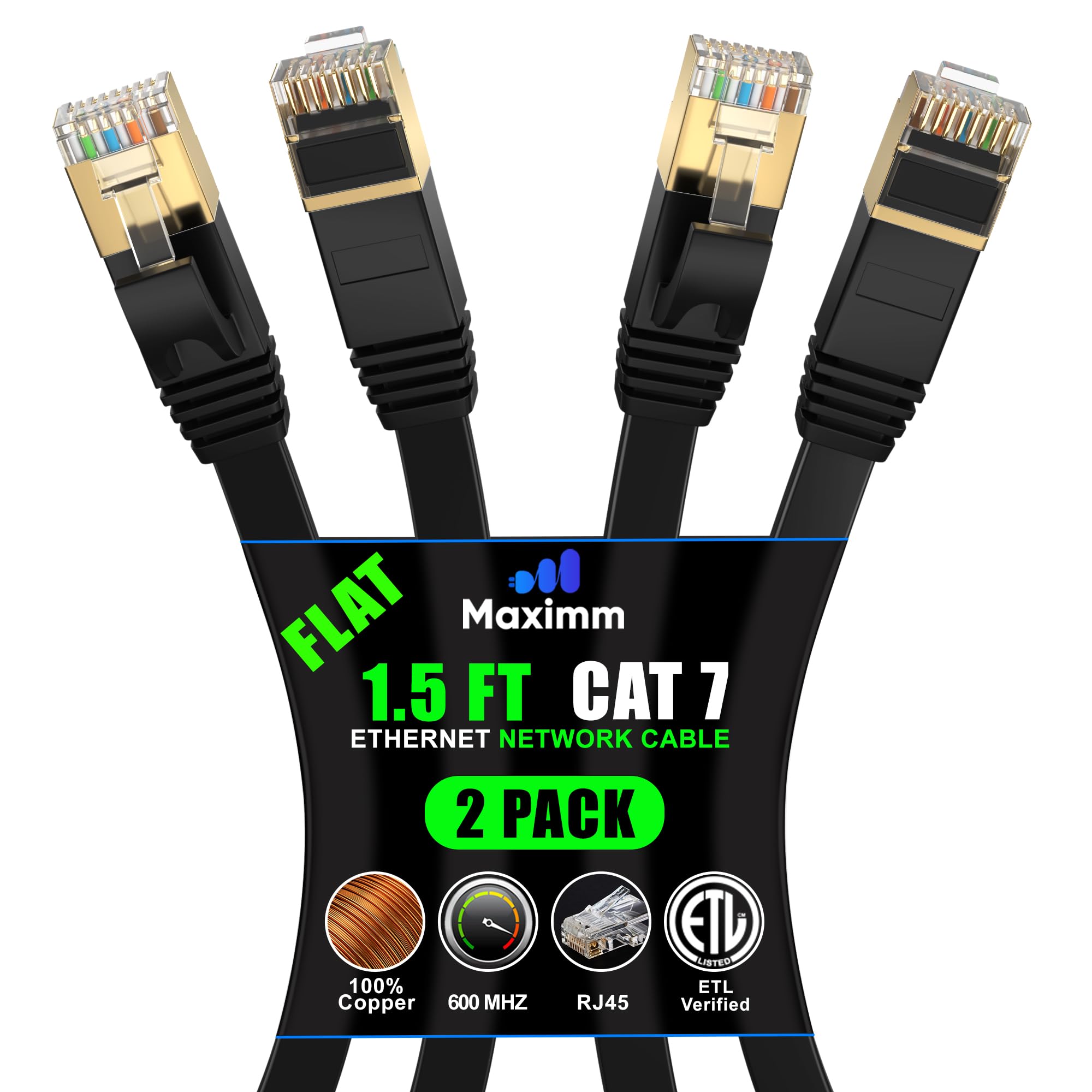 Cat 7 Ethernet Cable 1.5 ft - with a Flat, Space-Saving Design High-Speed Internet & Network LAN Patch Cable, RJ45 Connectors - 1.5ft / Black / 2 Pack - Perfect for Gaming, Streaming, and More