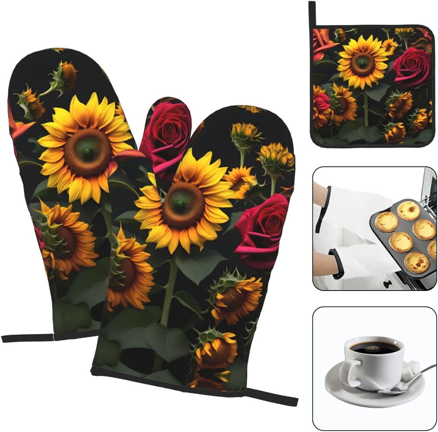 Sunflower Rose Print Heat Resistant Microwave Gloves, Used for Baking, Cooking, and Fashion Kitchen Essentials