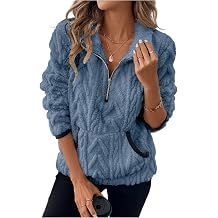 Quarter Zip Pullover Women Cable Fuzzy Fleece Pullover Sherpa Fall Warm Oversized 3/4 Zip Sweatshirt with Pocket