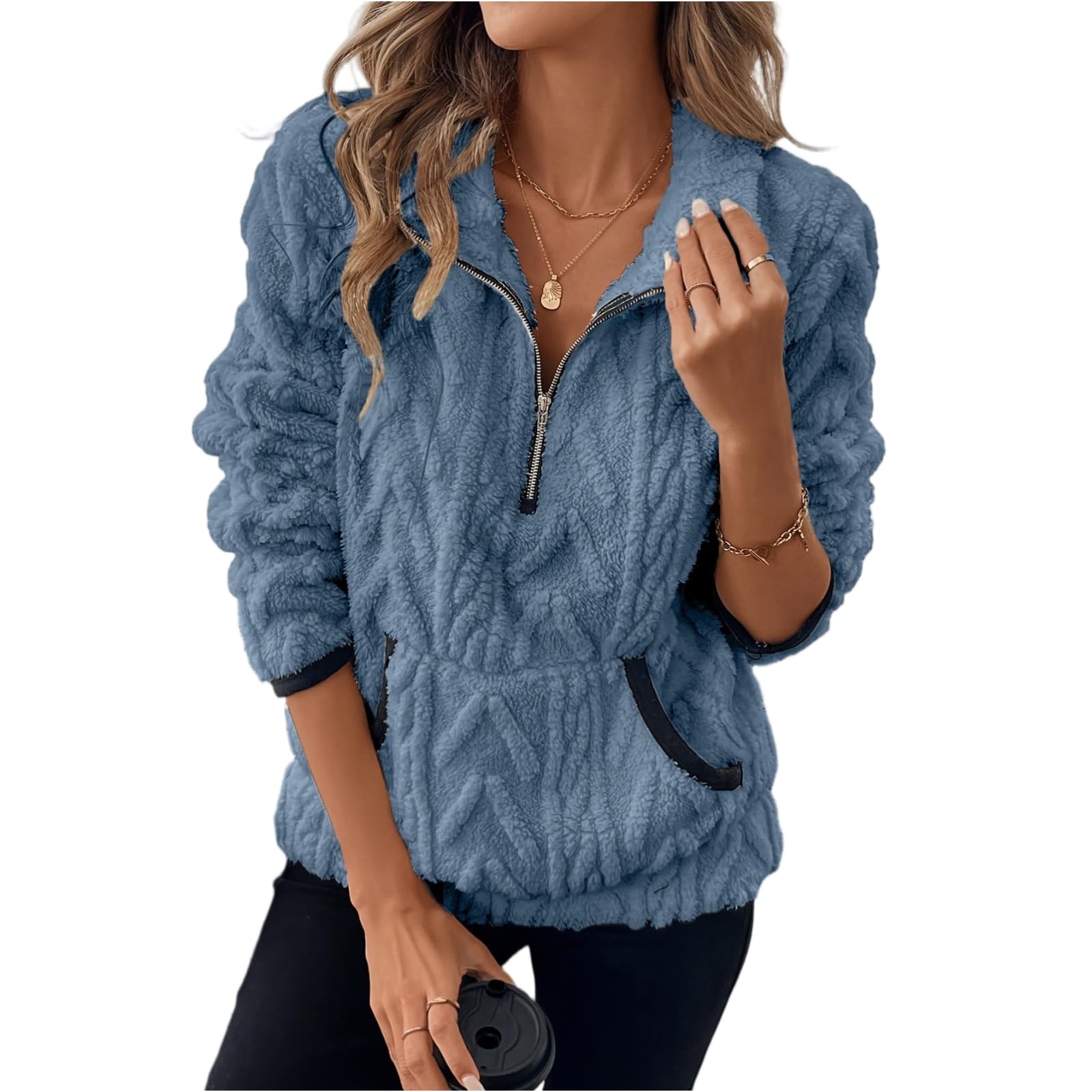 Polaire Femme Zippée Sweat Femme sans Capuche Automne Et Hiver Chaud Pull avec Poches Chic Et Élégants Manches Longues Sweatshirts Décontracté Thermique Sweat-Shirt Couleur Unie Haut Top