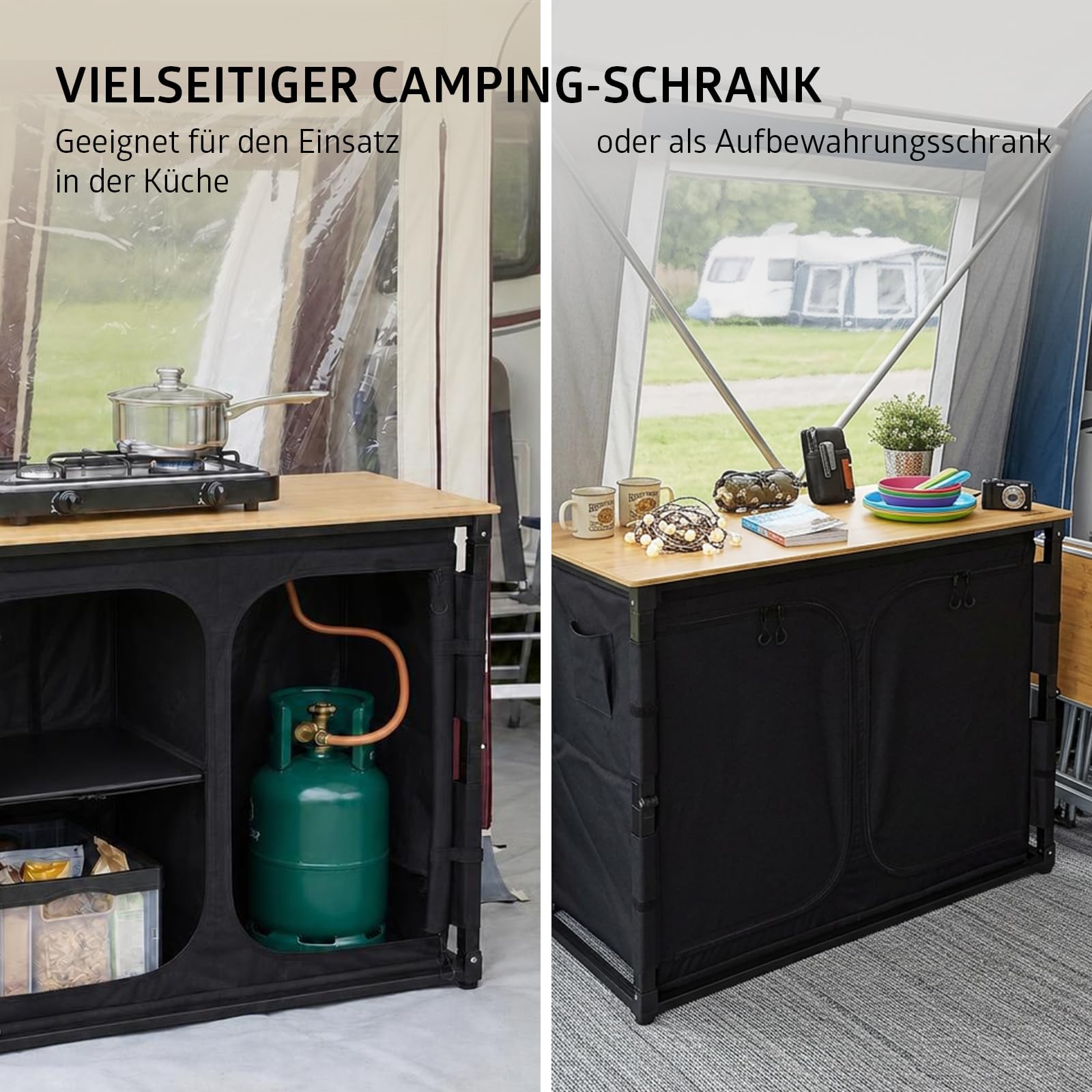 Campout Küchenzeile - 100 x 49 x 82,5 cm - Faltbare Campingküche - Outdoor Küche - Zusammenklappbare Campingschrank - Klappbar mit Stauraum - Platz für Gasflasche - Inkl. Tragetasche - Bambus