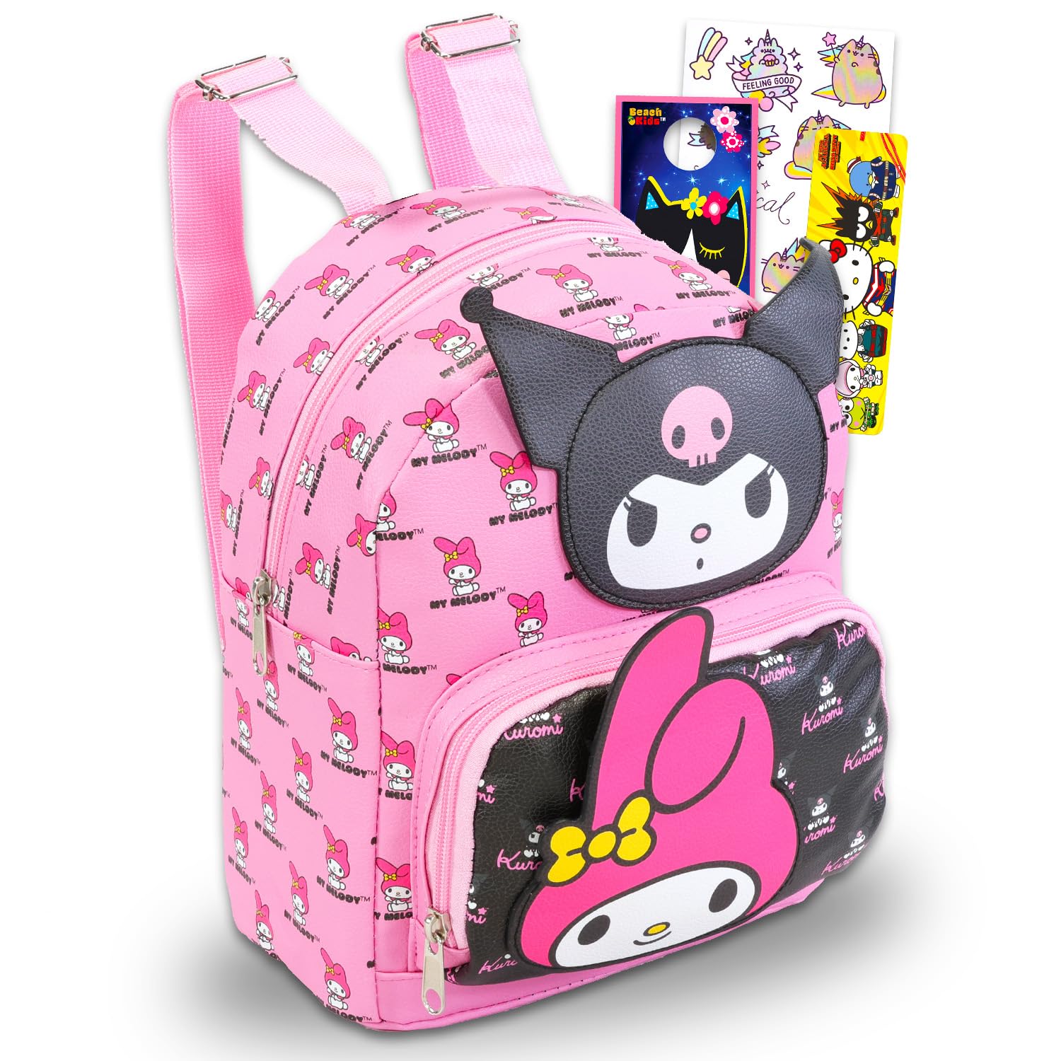 My Melody and Kuromi Mini Backpack for Women - 12” Faux Leather My Melody Backpack Purse with Front Pocket Plus Bookmark, Stickers, More | Backpack Small Bundle