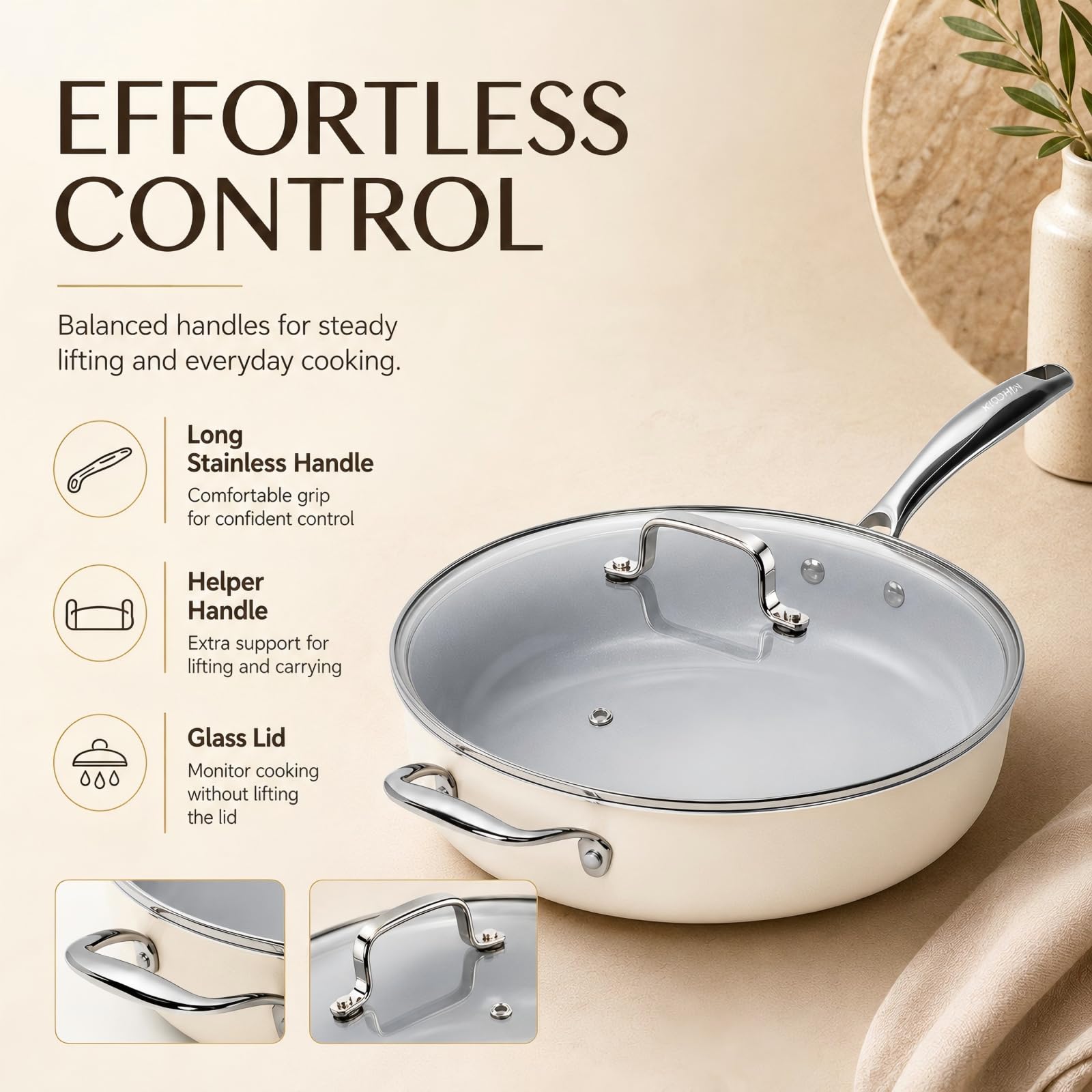 Kikcoin 12" Ceramic Nonstick Pan with Lid - 5 QT -6