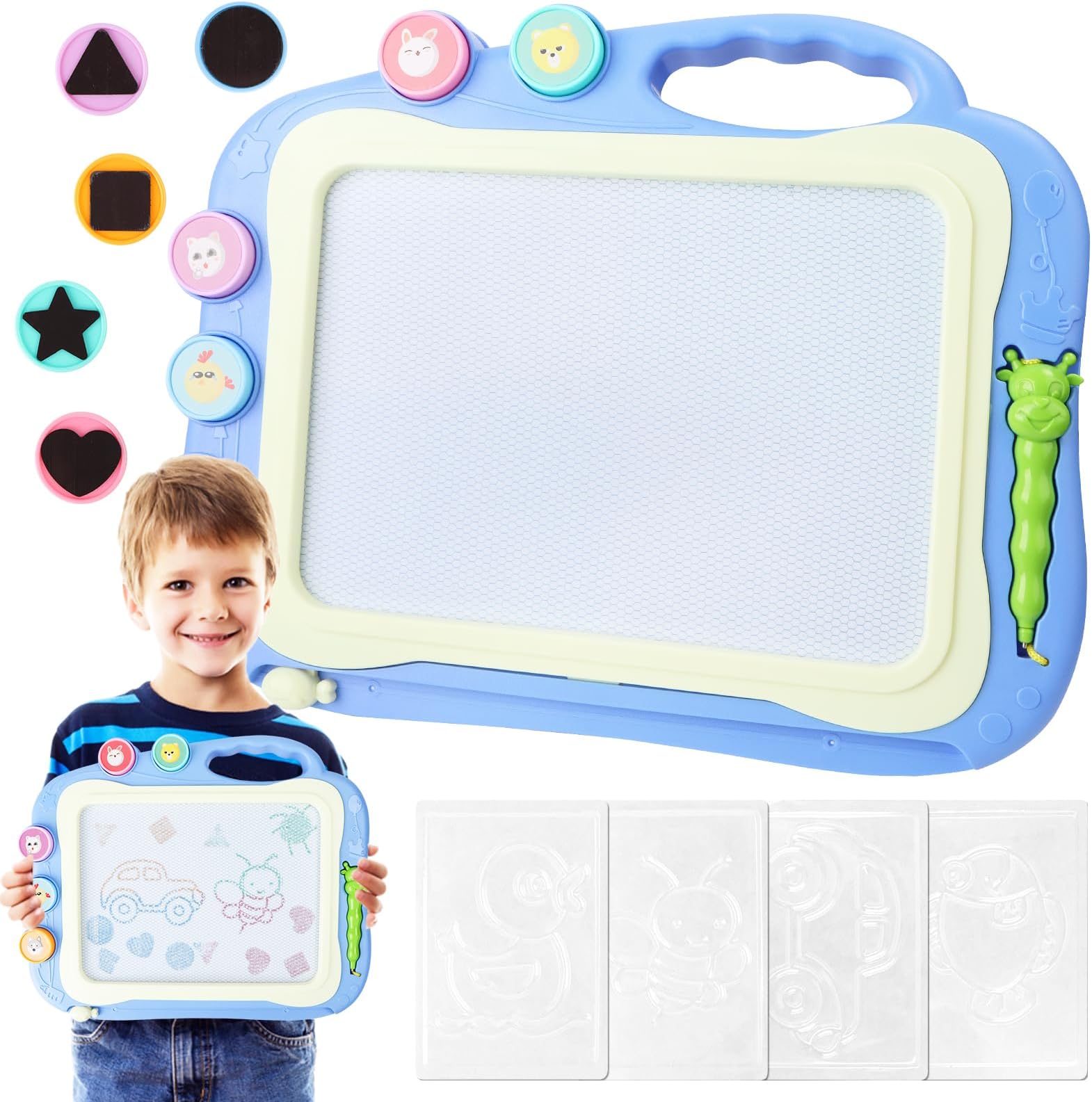 Magic Slate for Kids 3 Years, 35x28cm, Magnetic Drawing Board with 5 Stamps & 4 Copy Models