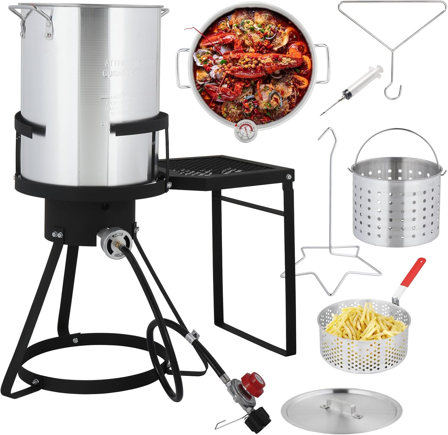 Outvita 30 Qt Turkey Deep Fryer & 10QT Fish Fryer Kit w/Baskets,Aluminum Fish & Seafood Boiler Steamer with 54,000 BTU Propane Gas Burner Stand Injector Thermometer Hose, Ideal for Outdoor Fry
