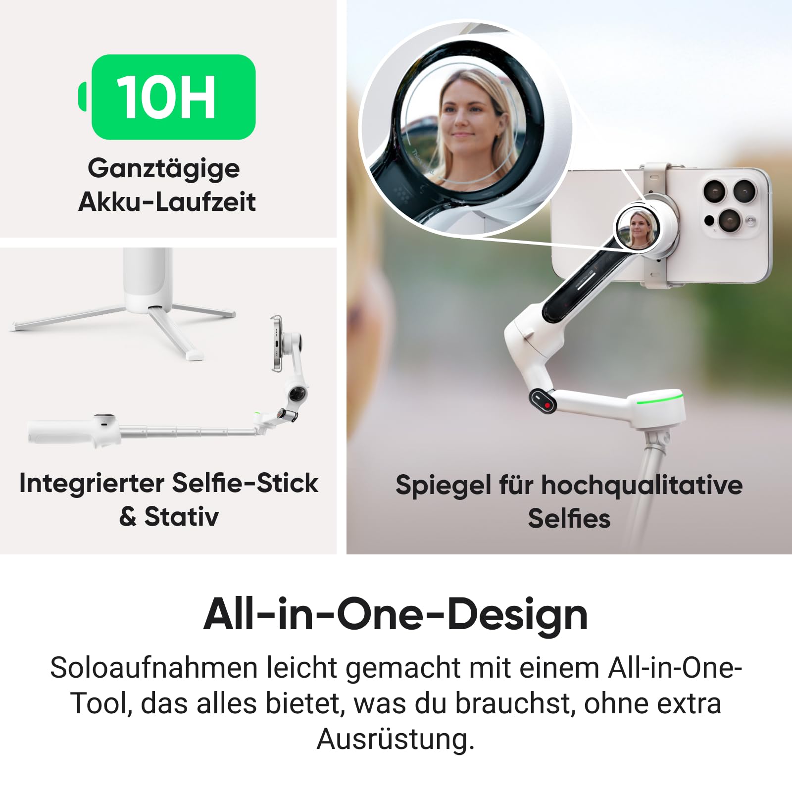 Insta360 Flow 2 Pro Vlog Bundle Weiß - Faltbarer AI Phone Gimbal, Tracking in 200+ Apps mit Apple DockKit, 360º-Pan-Tracking, integr. Stativ/Selfie-Stick, Fernbedienung, Spotlight/Rucksackhalterung