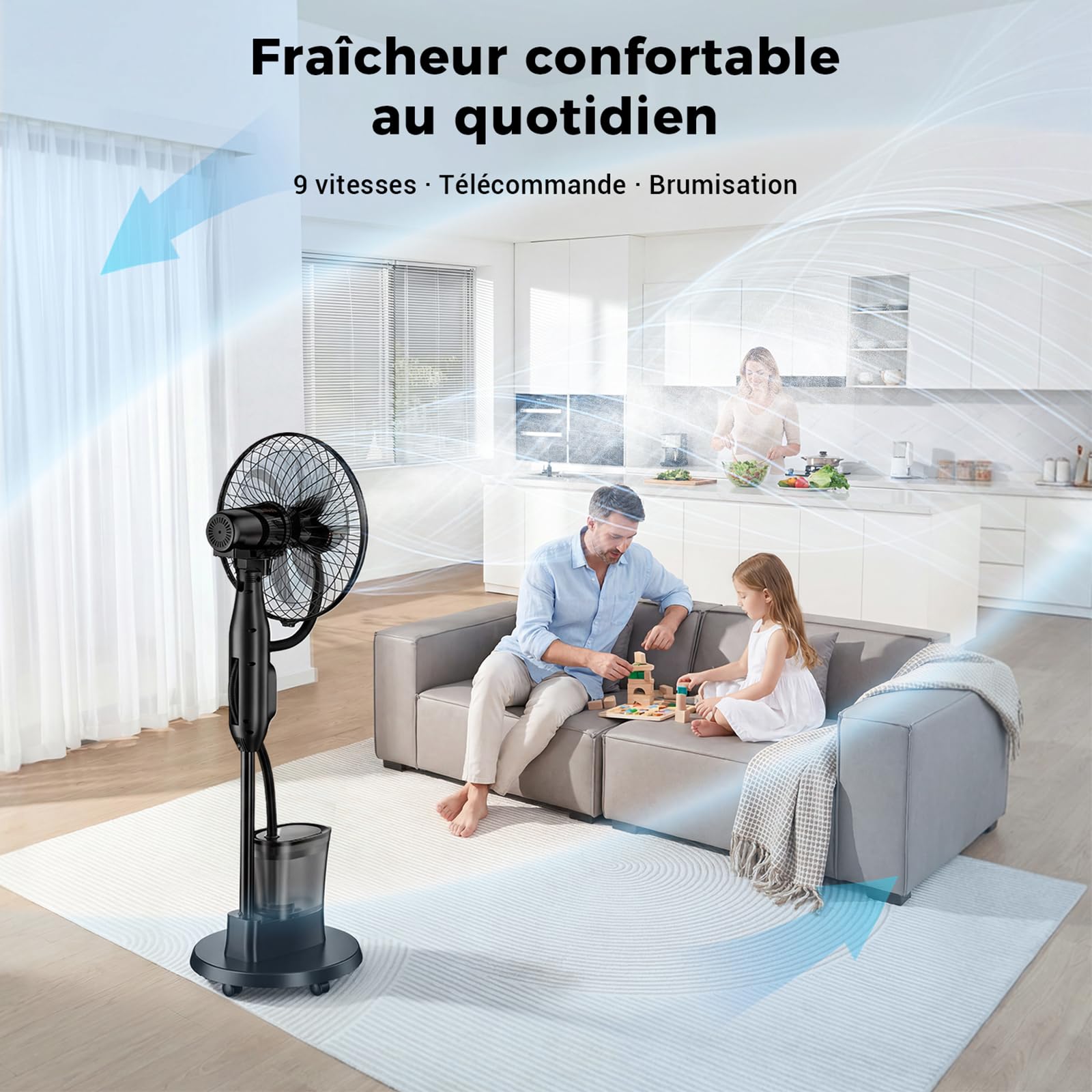 NebulaFlow Ventilateur Brumisateur, 3 en 1 Ventilateur sur pied, 9 vitesses 3 modes, Ventilateur oscillant avec télécommande pour maison, chambre, bureau, terrasse, 1 pièce