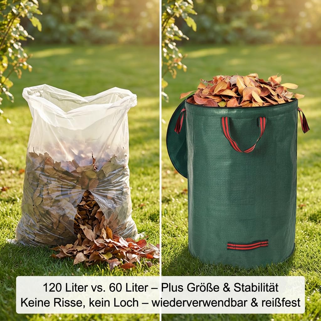 Sacco per rifiuti da giardino, 120 l, con coperchio, set da 2 pezzi, impermeabile, in tessuto PP, pieghevole e riutilizzabile, con manici e passanti per terreno, ideale per erba, foglie, taglio verde