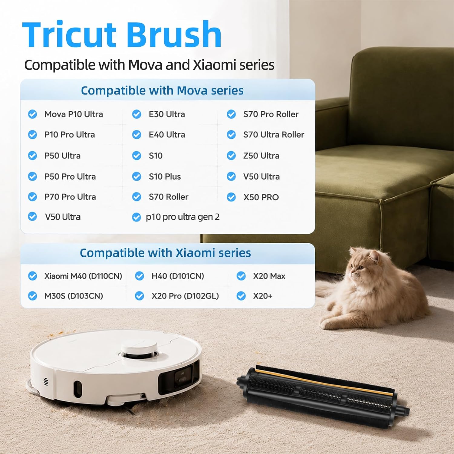 Tricut Brush Roller Replacement: for Dreame L40 Ultra gen 2, L40 Ultra, L40s Ultra AE, L10s Ultra Gen 2,X40 Ultra Robot Vacuum, MOVA P10 Pro Ultra, P50 Pro Ultra, V50 Ultra Complete Roller 1-Pack