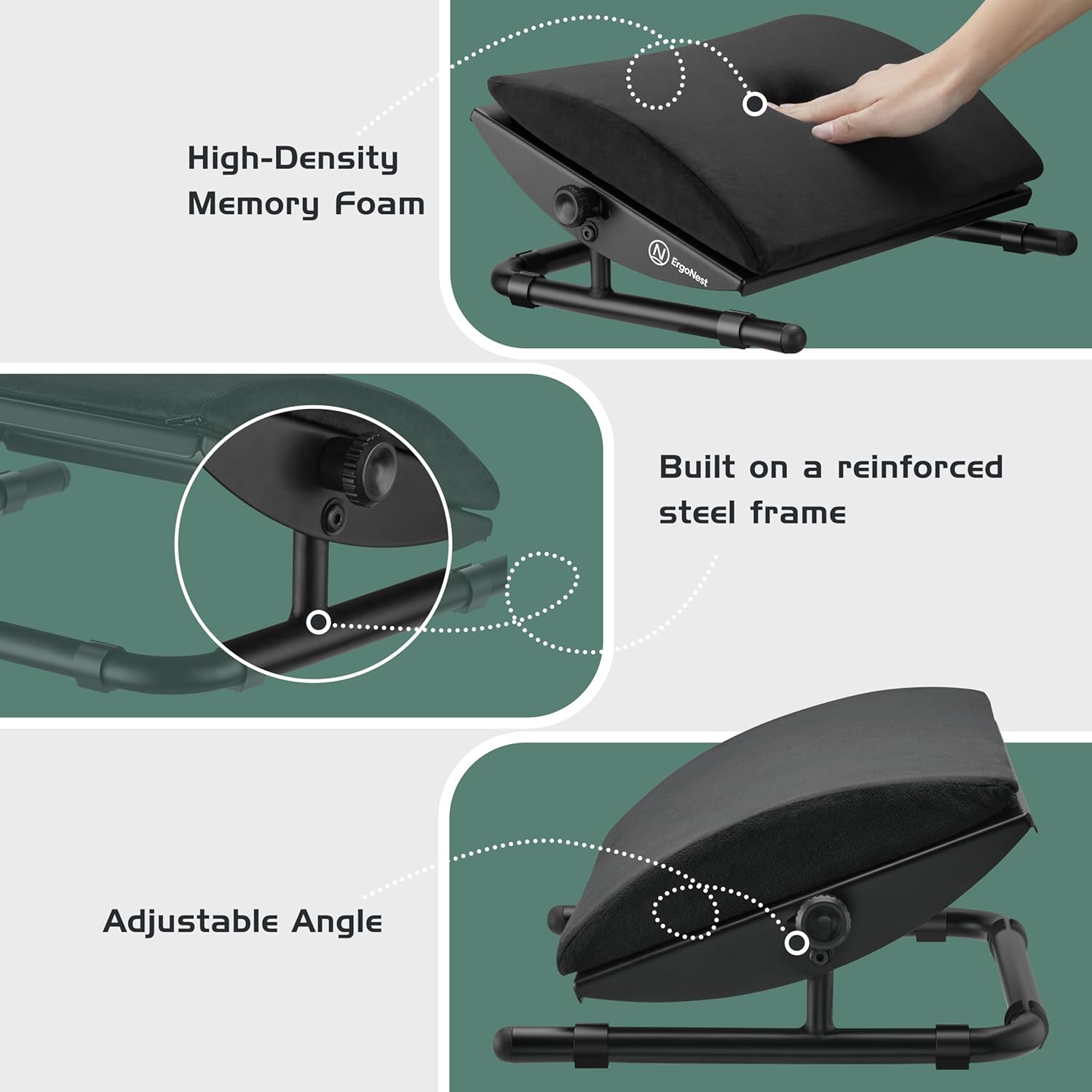 Under Desk Foot Rest – Adjustable Ergonomic Foot Rest with Steel Frame & Memory Foam Cushion, Soft Velour Finish for Superior Comfort, Designed to Improve Posture & Relieve Leg Pressure | ErgoNest™