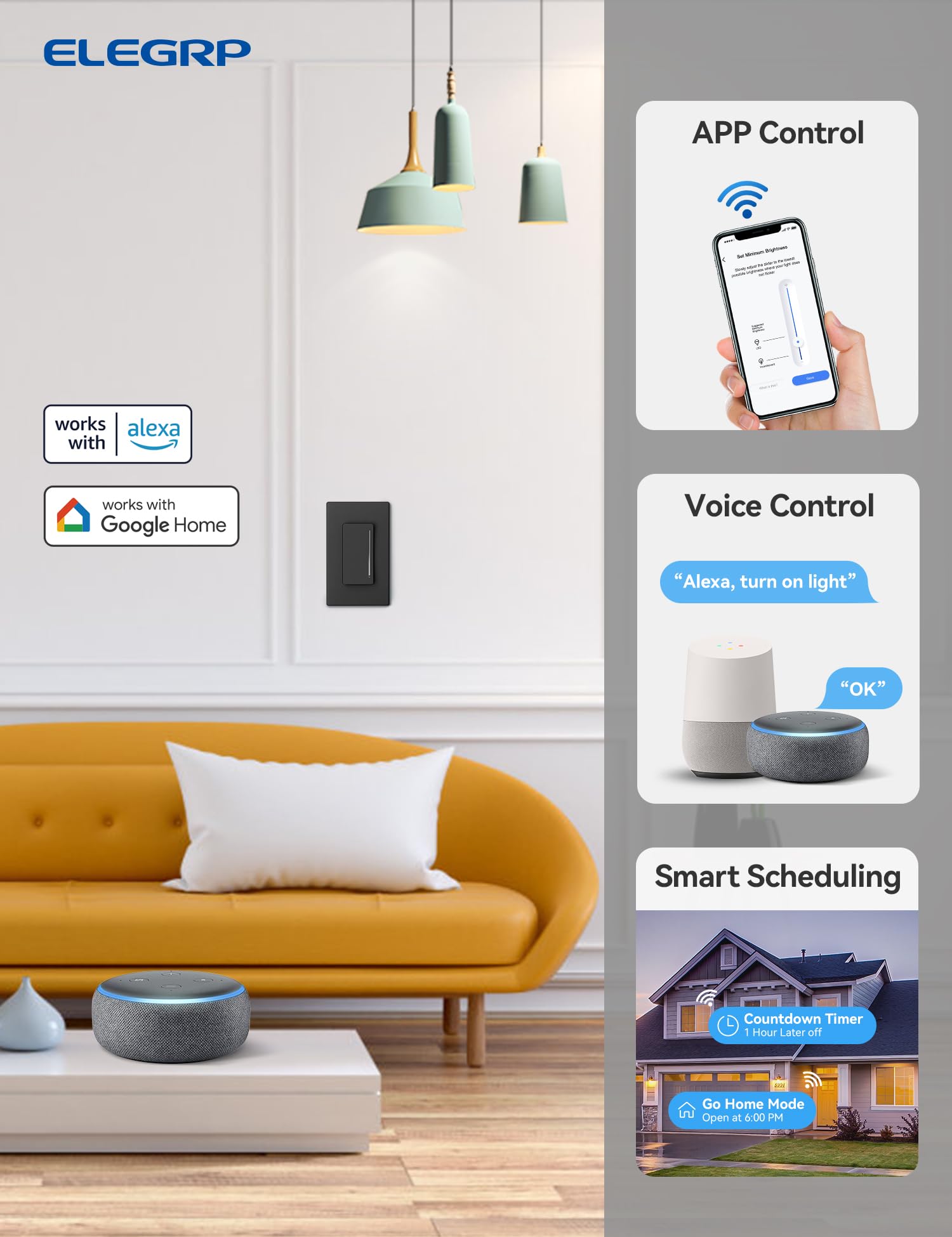ELEGRP Smart Dimmer Light Switch DTR10, Single Pole