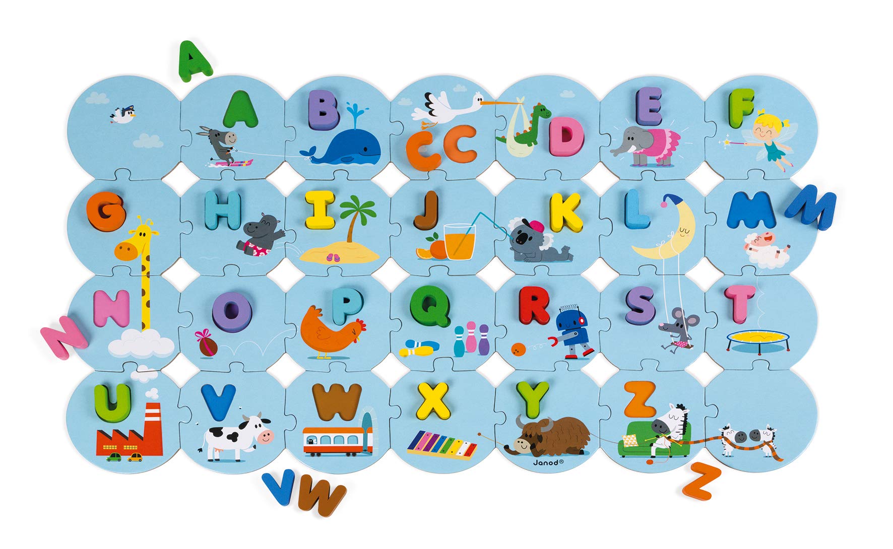 Janod - Alphabet Puzzle 54 Wooden Pieces - Early Learning Toy - Learning the Alphabet and Writing - Poster included - From 3 Years, J02707