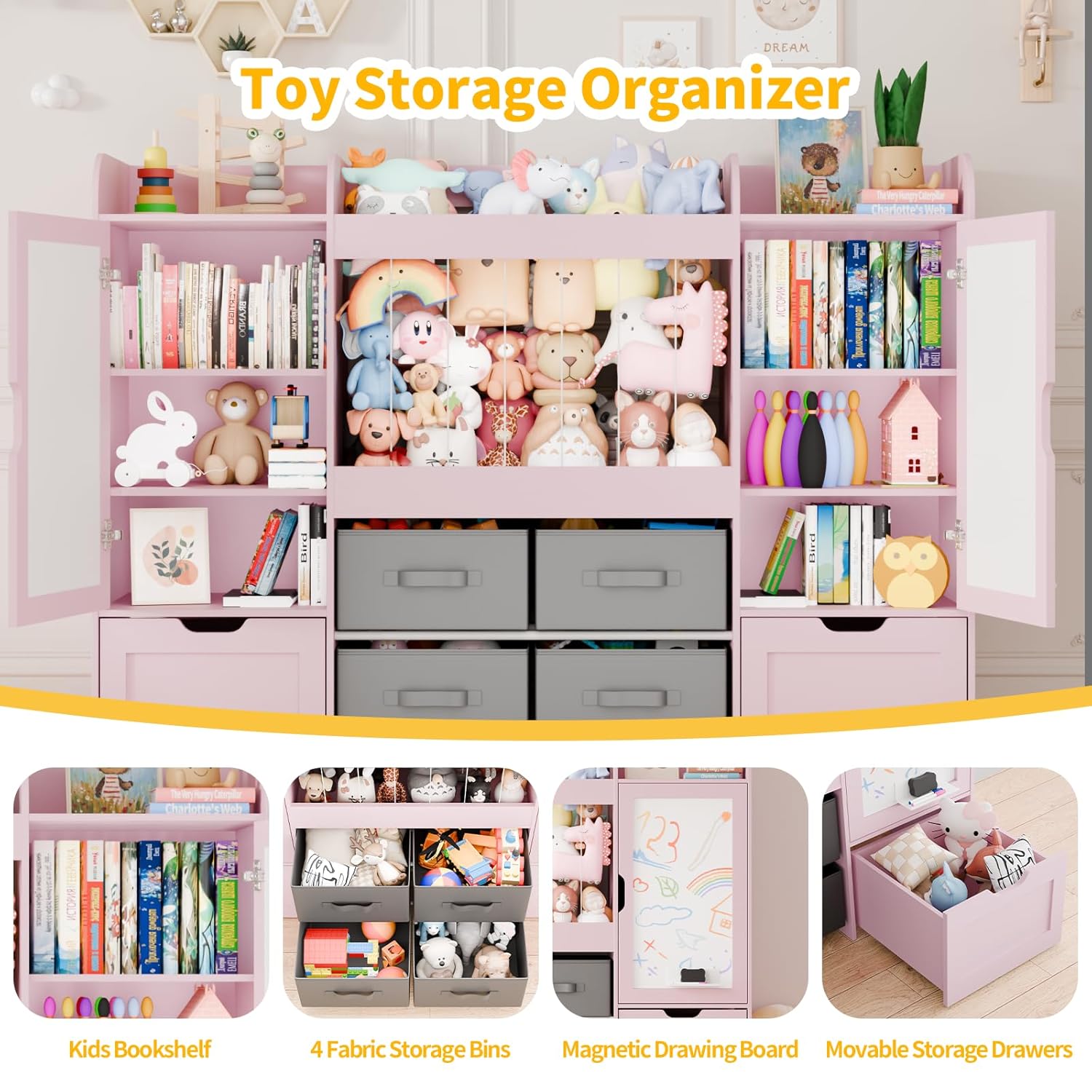 61" W Kids Bookshelf, Toy Storage with 2 Magnetic Drawing Boards, Toy Organizers and Storage with Stuffed Animal Storage, 2 Rolling Boxes, 4 Fabric Bins for Playroom, Nursery, Bedroom(Pink)
