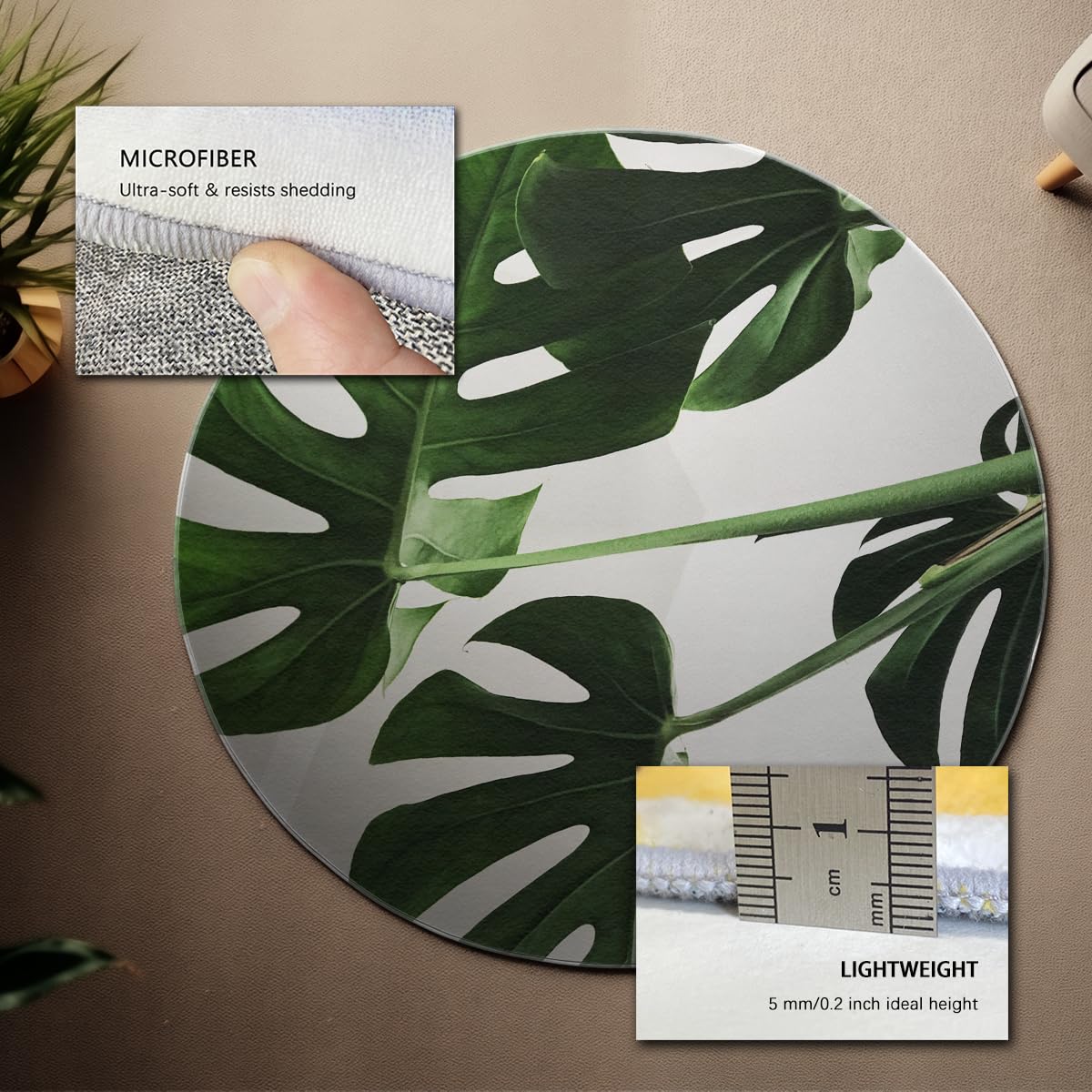 Minimalistische runde Teppiche 120cm - grüner Monstera Blattmuster kreisförmiger Teppich faltbar weich rutschfest für Veranda Gästetoilette Bibliothek Sofa