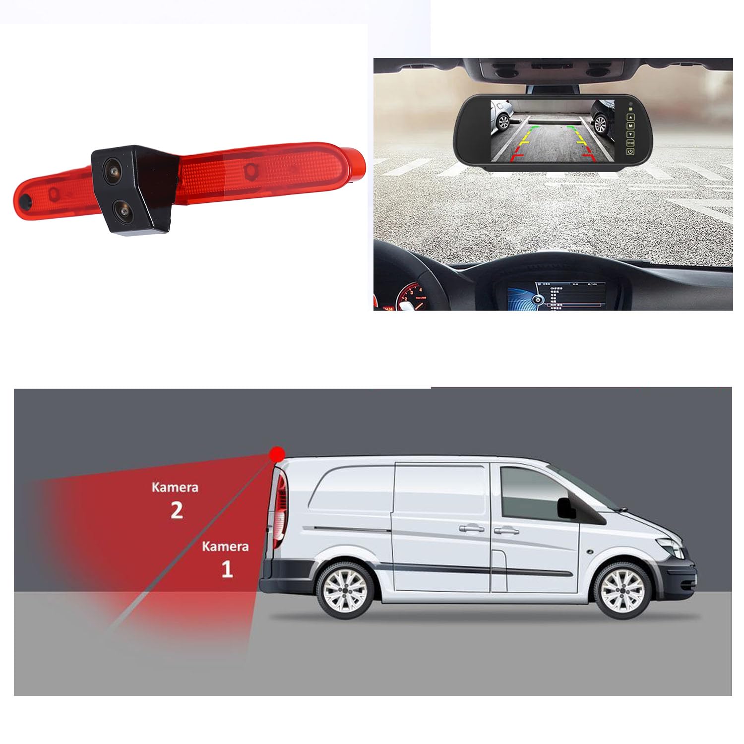 Podwójna kamera cofania z wyświetlaczem LCD o przekątnej 7", dwa obiektywy światła hamowania, kamery cofania do Toyota Proace City Verso/Citroen Berlingo/Opel Combo/Peugeot Partner