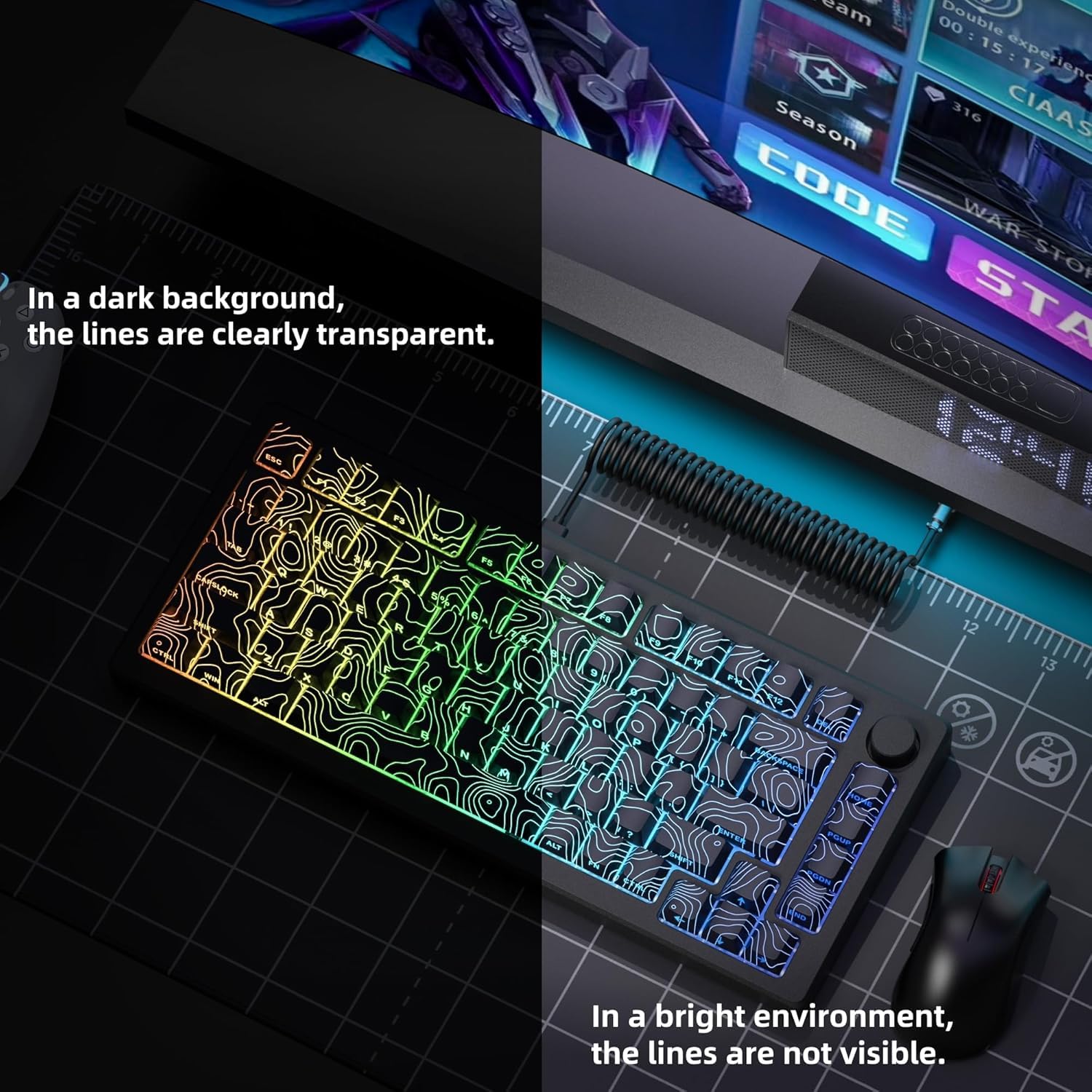 PBT Keycaps, Schwarze topografische 60 75 Prozent Lines Backlit, Shine Through Tastenkappen, Seitlich Bedruckte Cherry Profile für100%, 75%, 65%, 60% ANSI US Tastatur(nur Tastenkappen)