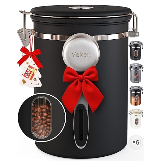 Veken Coffee Canister with Window,Airtight Stainless Steel Pantry Container,Home Kitchen Food Storage Organizers for Ground,Beans,Espresso,Rice,Tea,Sugar,Cereal, Flour,Bar Accessories,Gifts,22OZ,Black