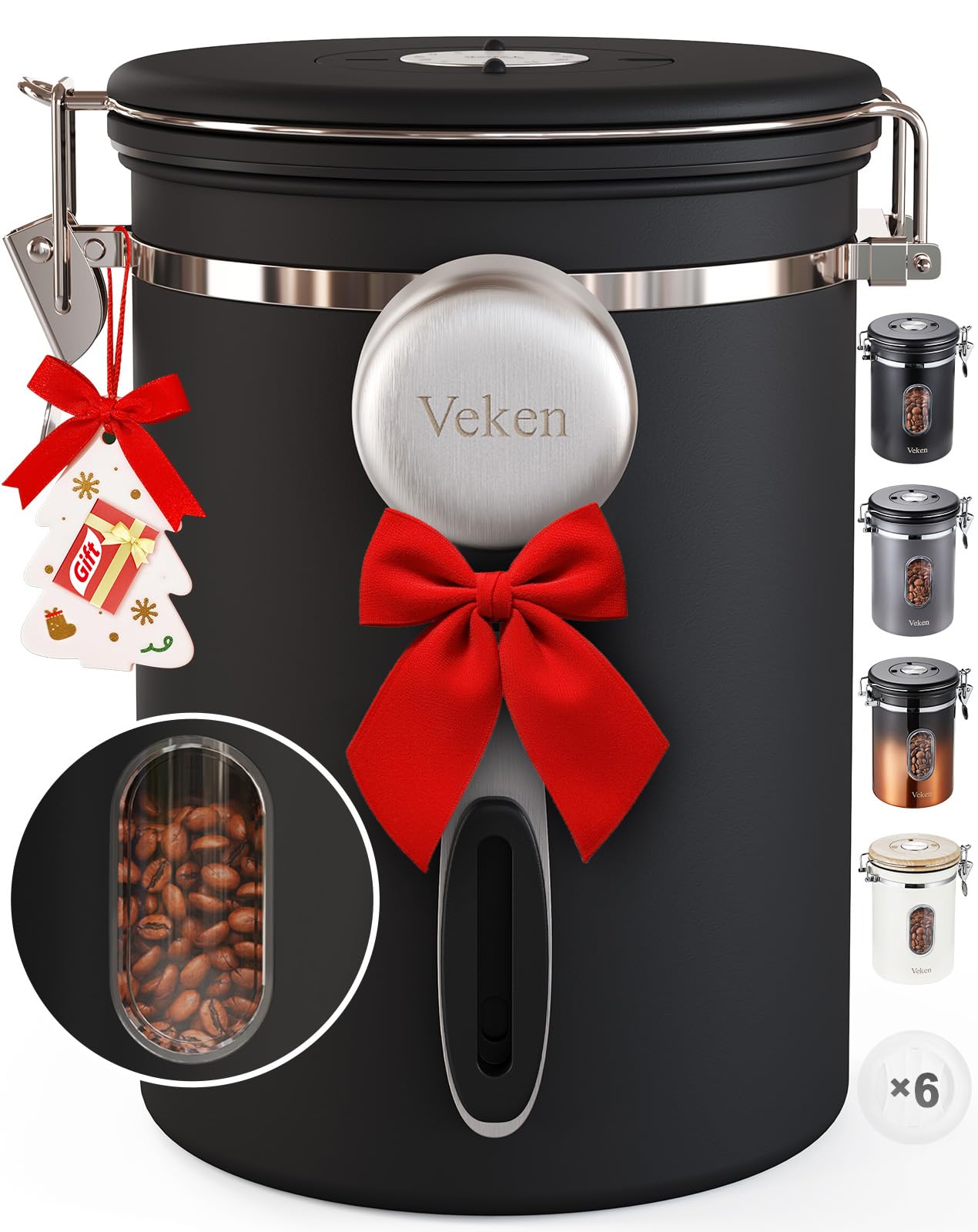 Veken Coffee Canister with Window, Airtight Stainless Steel Kitchen Food Storage Container, Date Tracker, Scoop, Ground Coffee Bar Accessories, Bean, Tea, Sugar, Flour, Cereal, 22 oz, Black