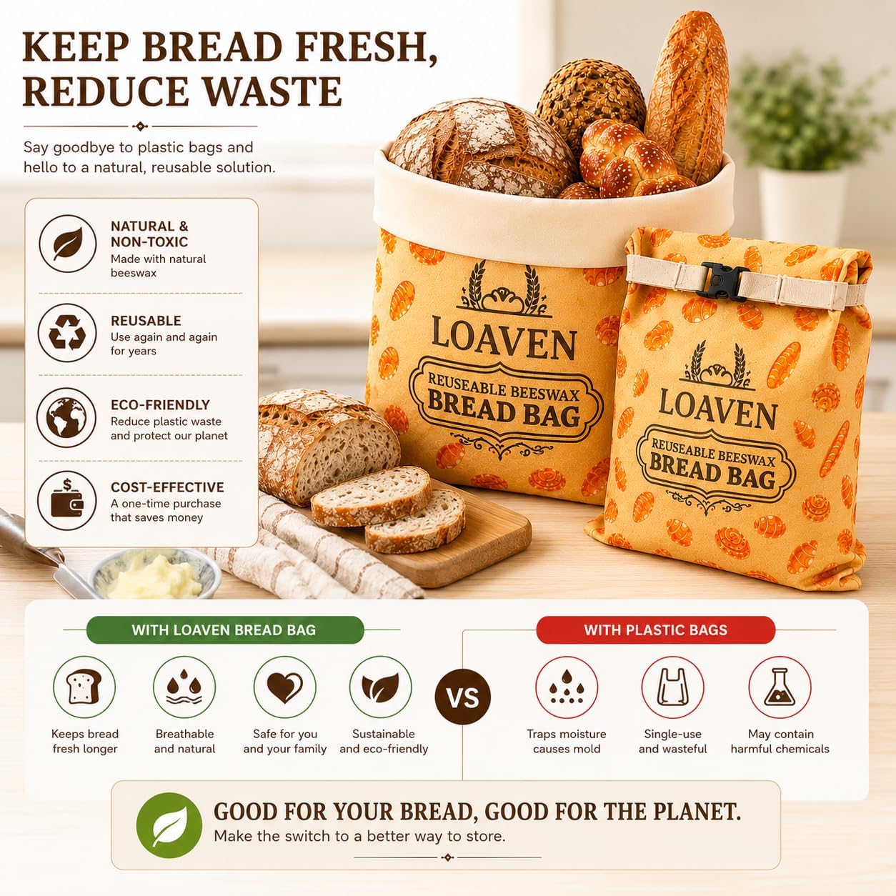 Beeswax Bread Bags for Sourdough, 2 Pack Reusable Bread Storage Bags, Large Bread Keeper with Roll Top Closure, Natural Cotton Bread Bag for Homemade & Artisan Bread, 32 x 43 cm