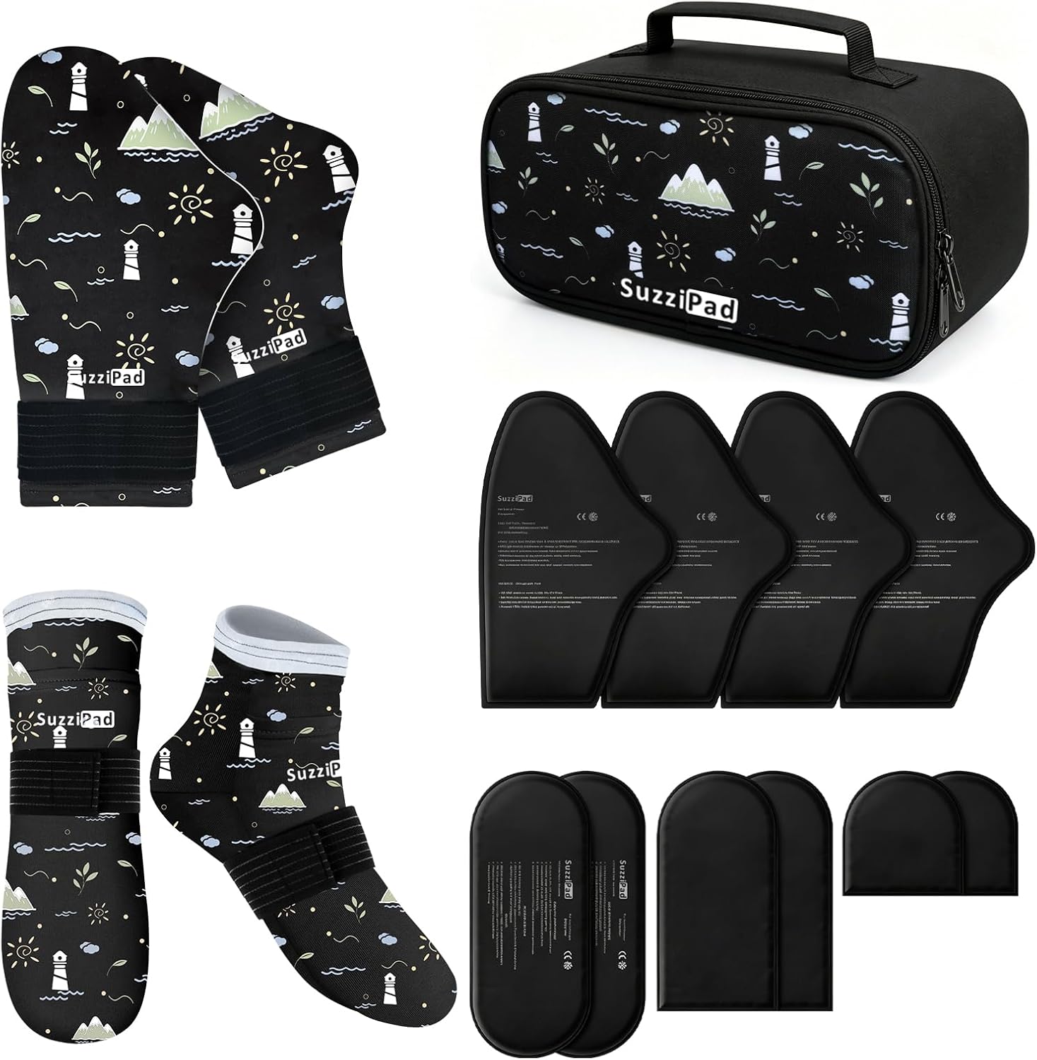 SuzziPad Chemo Gloves and Socks with Insulated Bag, Allover Print, Black, S